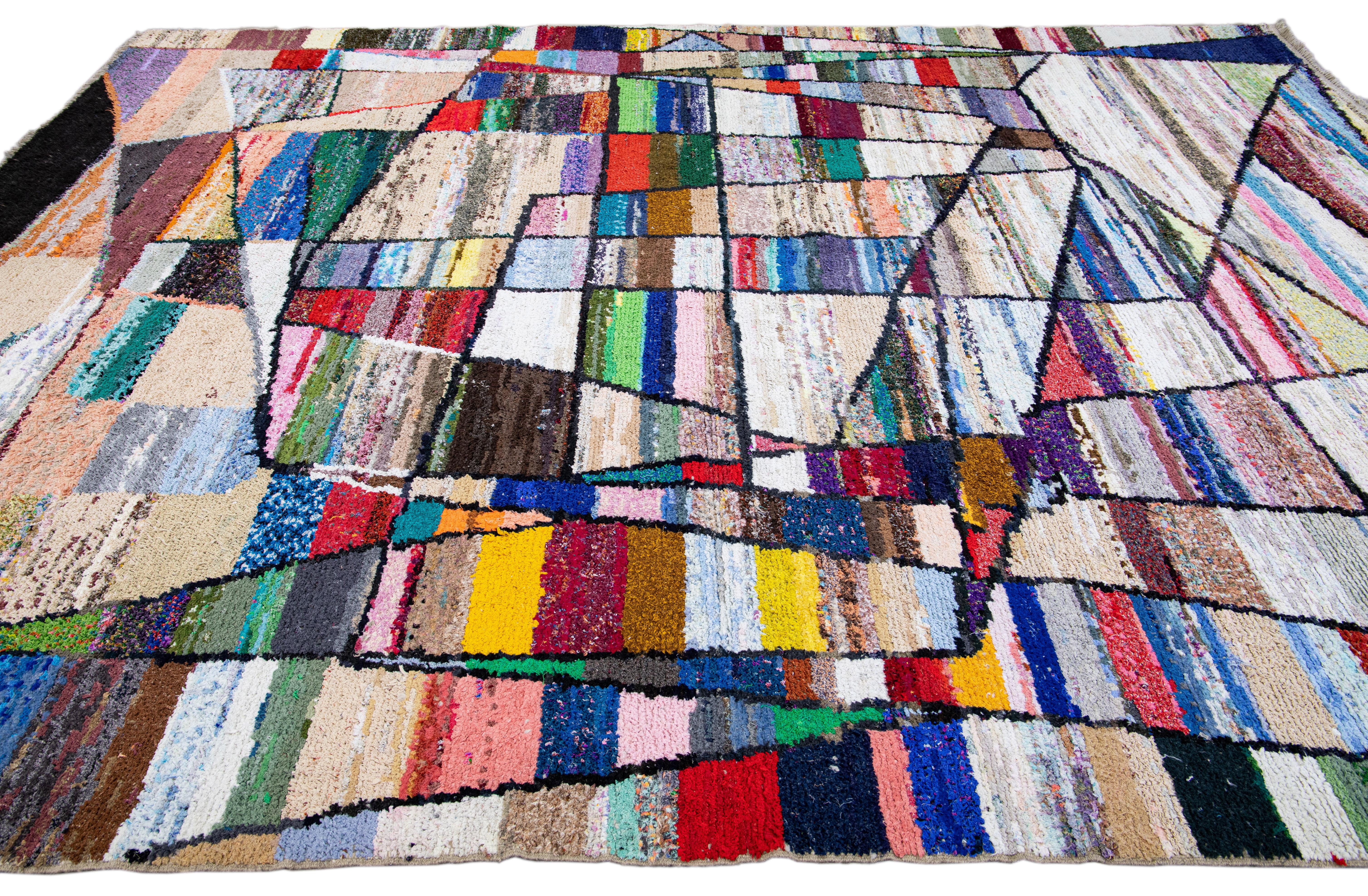 Hand-Knotted Vintage Tulu Handmade Multicolor Geometric Abstract Wool Rug For Sale