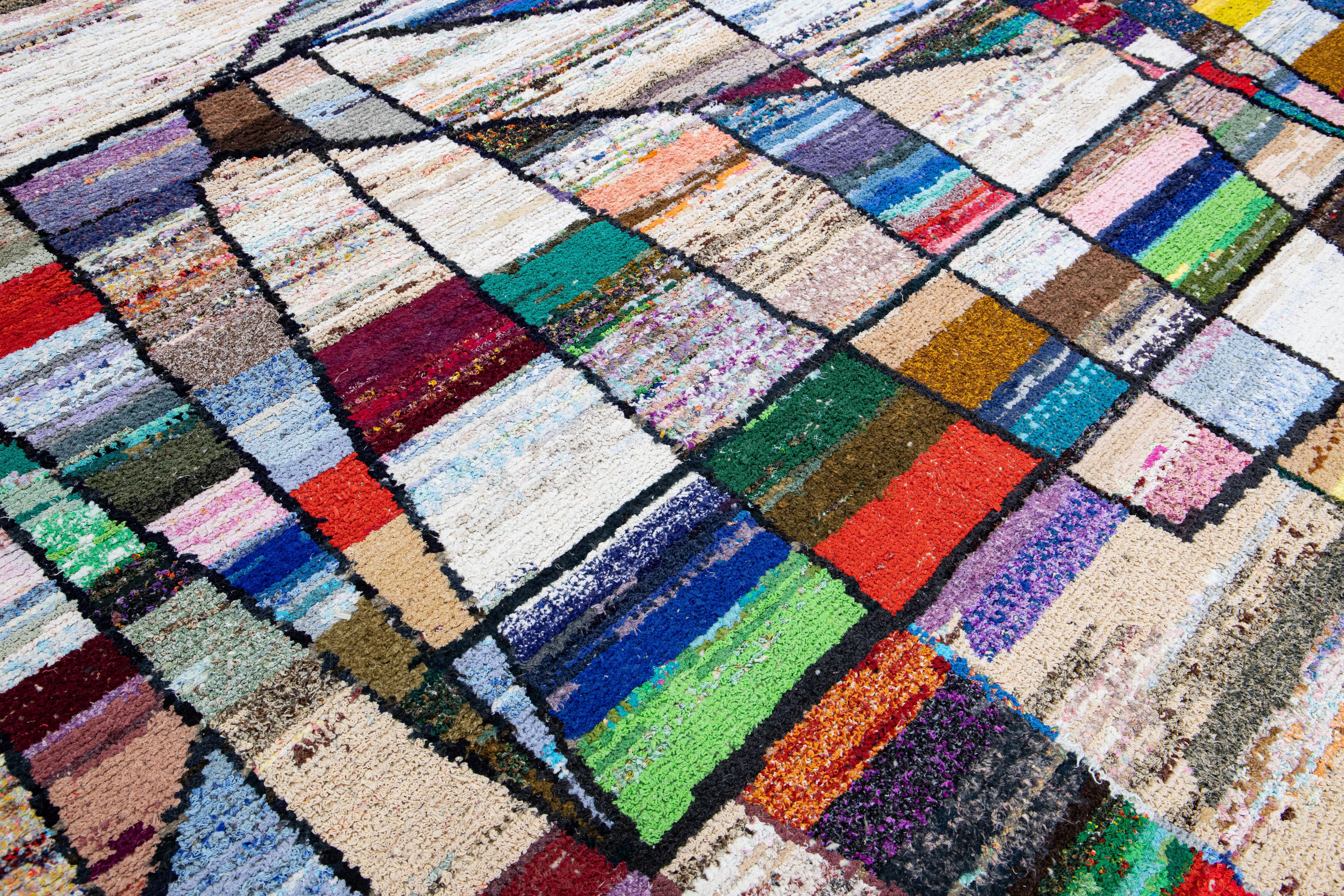 20th Century Vintage Tulu Handmade Multicolor Geometric Abstract Wool Rug For Sale