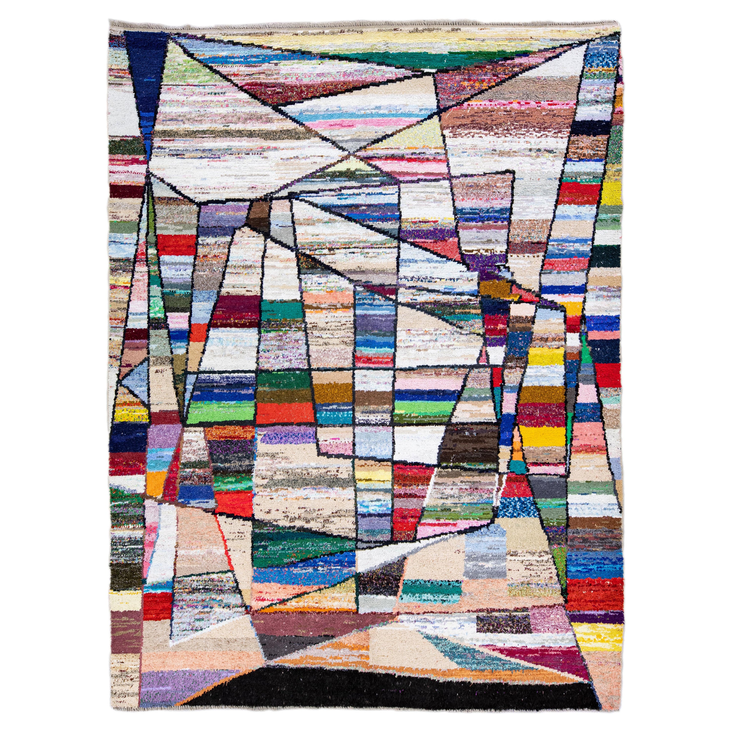 Tulu Handgefertigter mehrfarbiger geometrischer abstrakter Wollteppich im Vintage-Stil