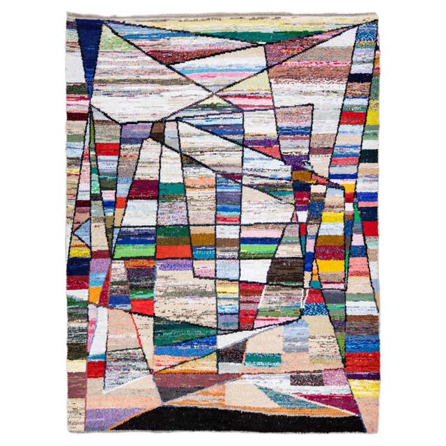 Modernist Vintage Square Rug with Polychrome Thunderbolt Pattern For ...