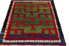 Vintage Tulu Rug, Blue Border with Green & Red Geometric Pattern by Rug & Kilim
