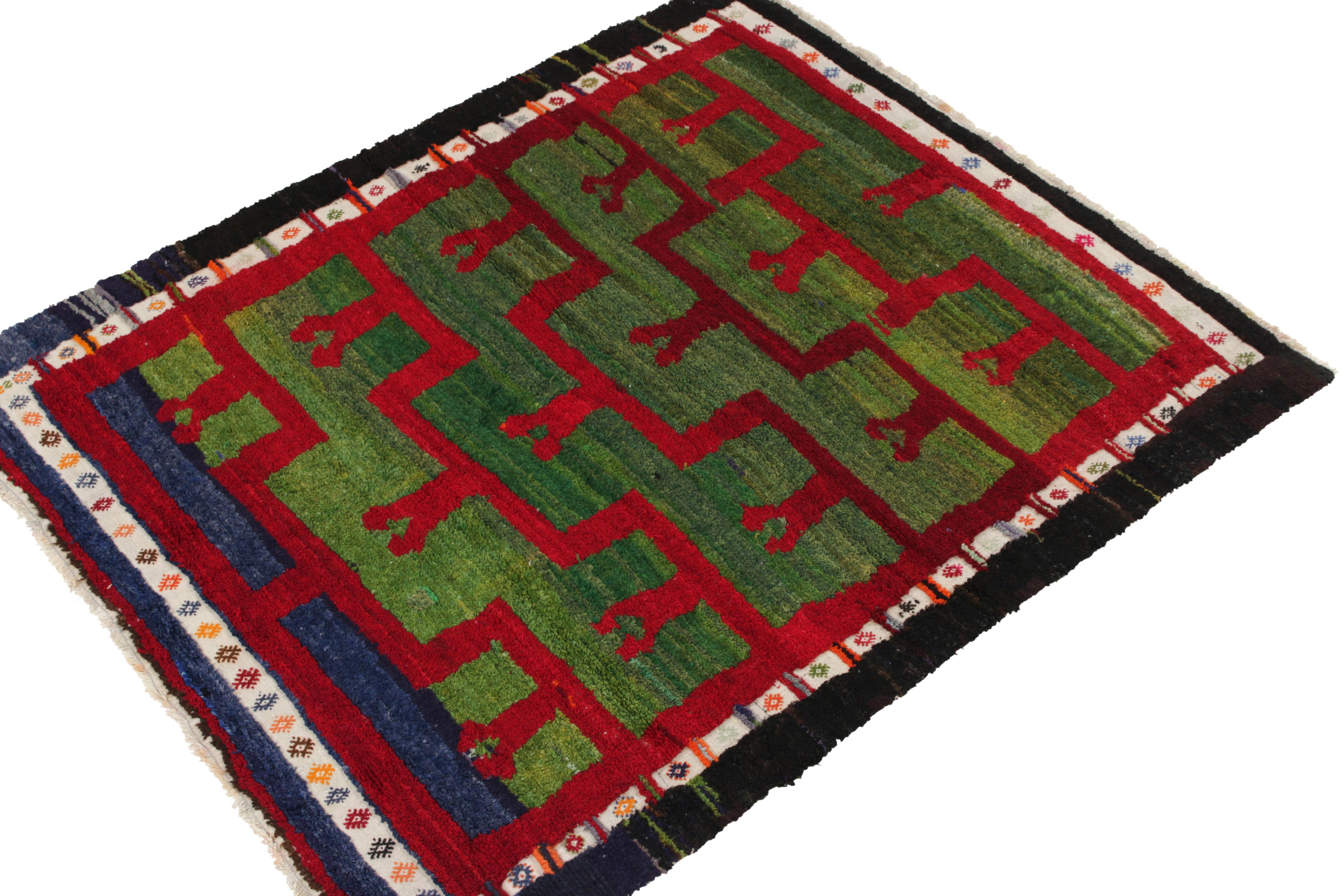 Turkish Vintage Tulu Rug, Blue Border with Green & Red Geometric Pattern by Rug & Kilim For Sale