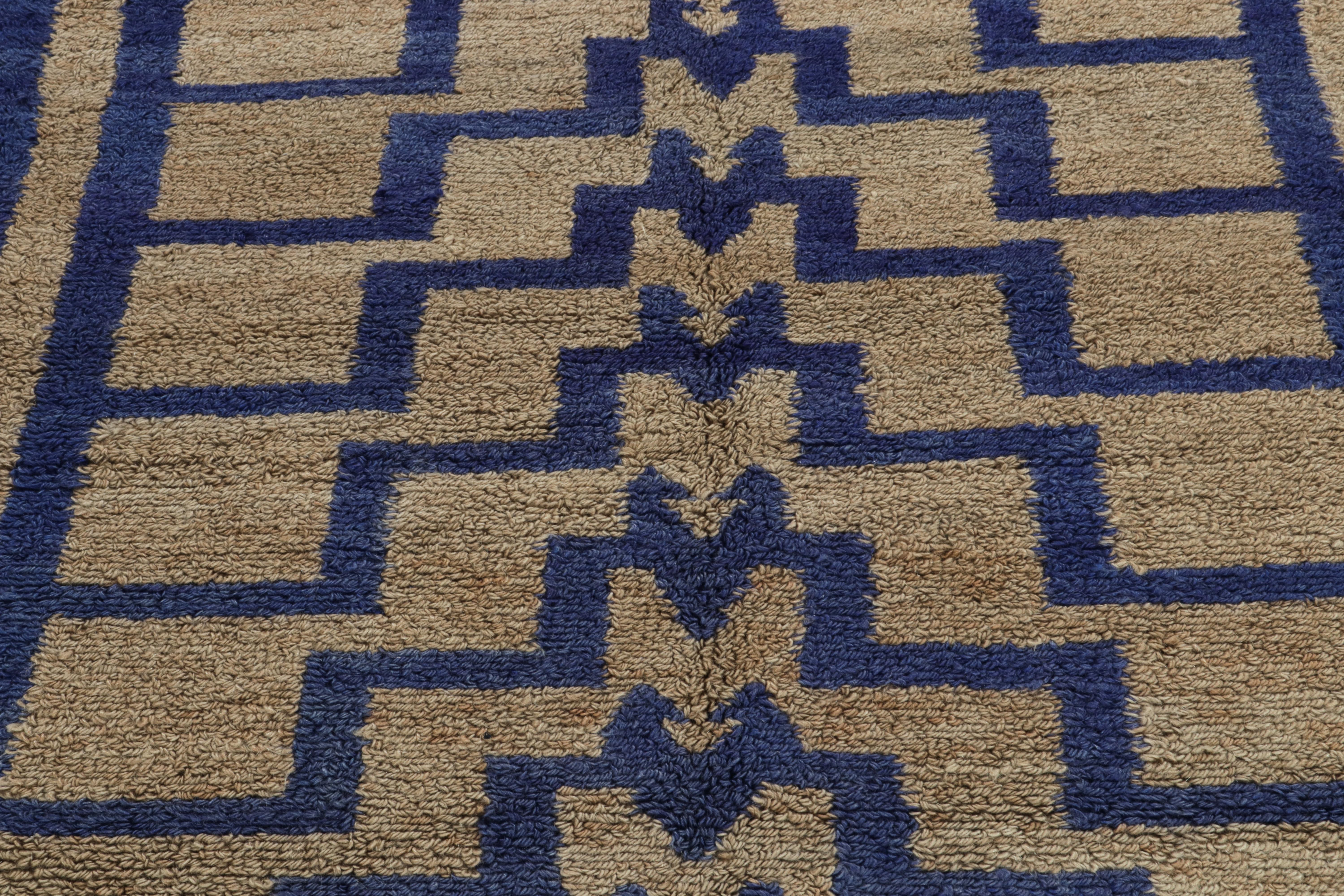 Hand-Knotted Vintage Tulu Rug in Beige-Brown, Blue Geometric Pattern by Rug & Kilim For Sale