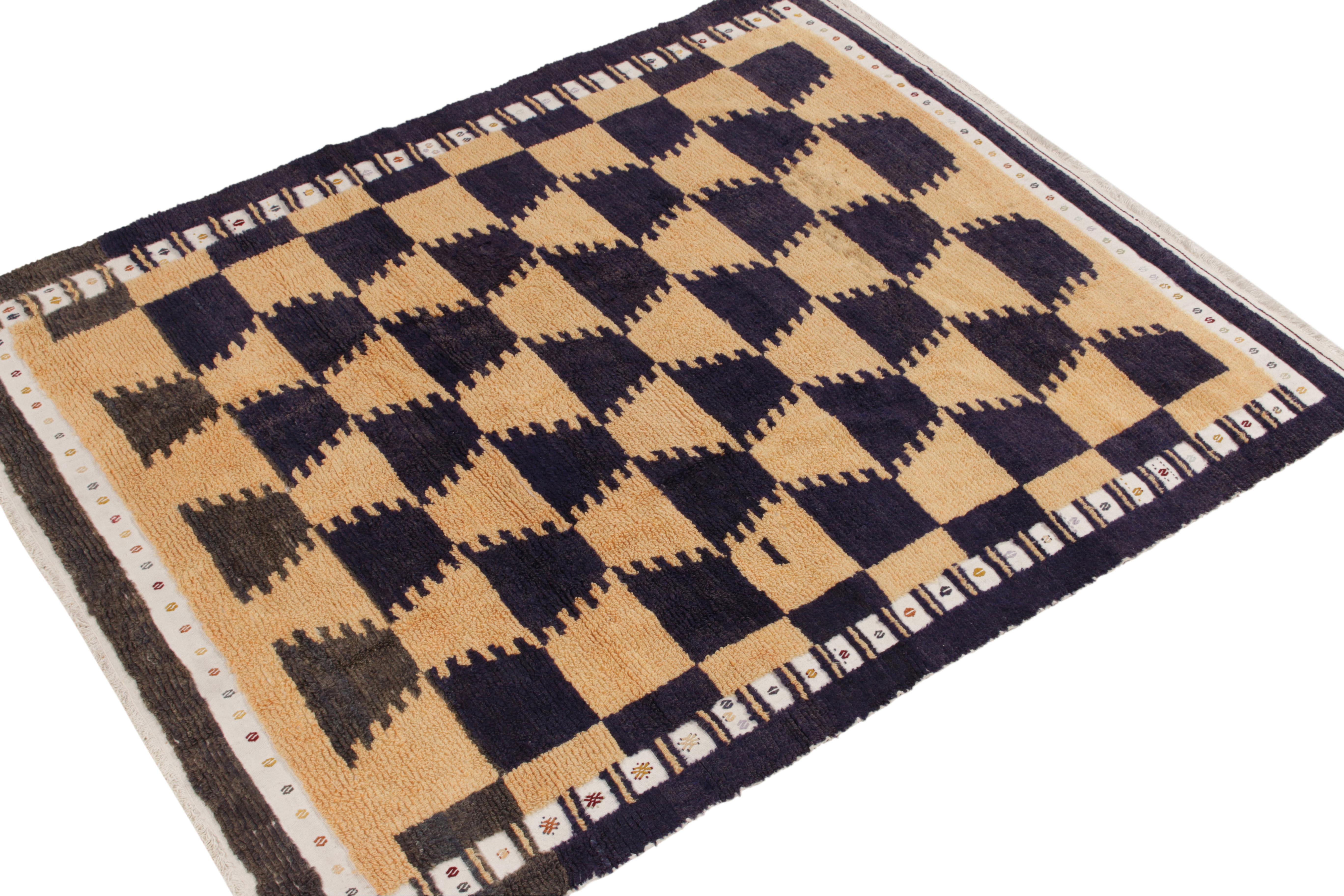 Turkish Vintage Tulu Rug in Beige Midnight Blue & White Geometric Pattern by Rug & Kilim For Sale