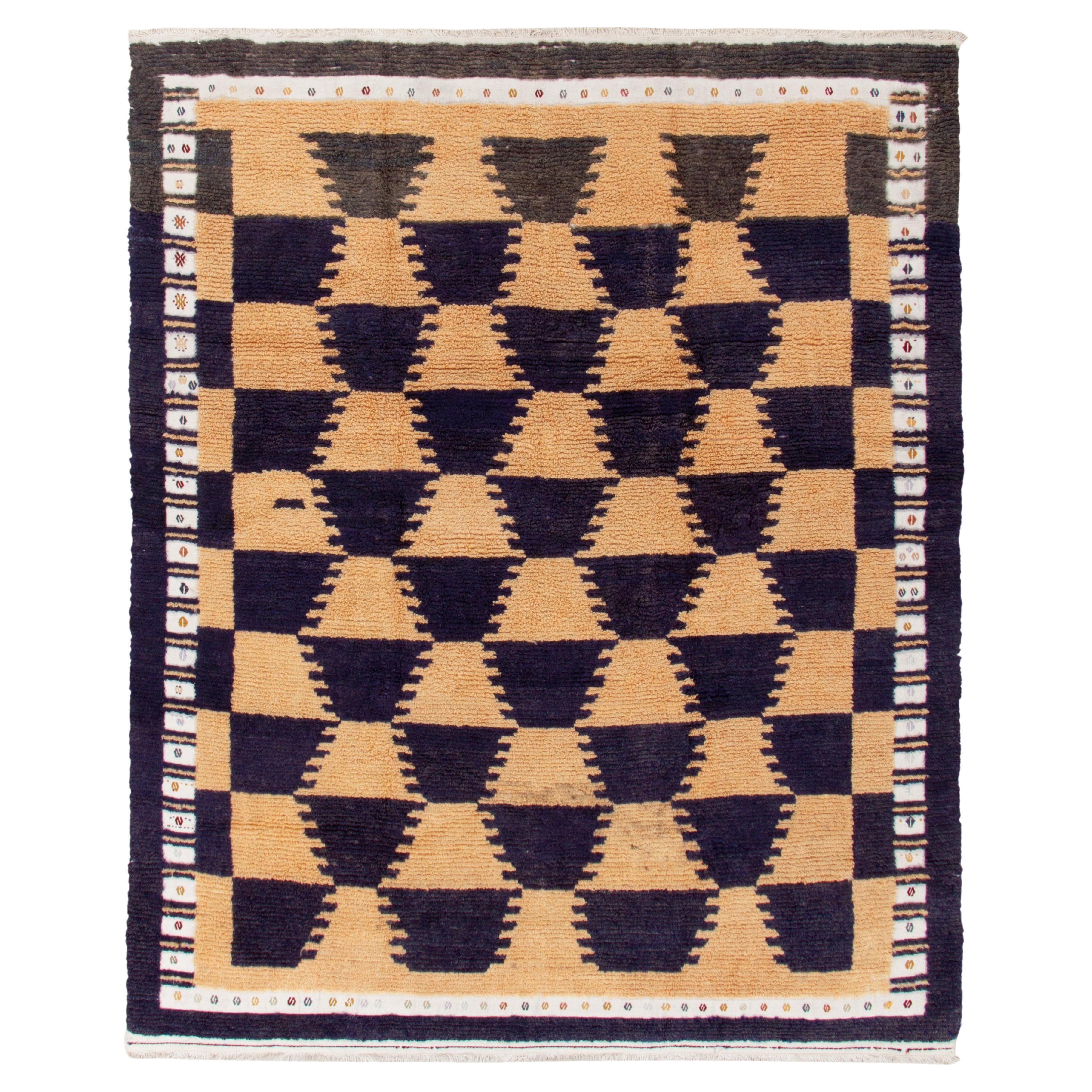 Vintage Tulu Rug in Beige Midnight Blue and White Geometric Pattern by Rug  and Kilim For Sale at 1stDibs