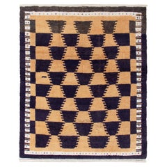 Vintage Tulu Rug in Beige, Midnight Blue & White Geometric Pattern