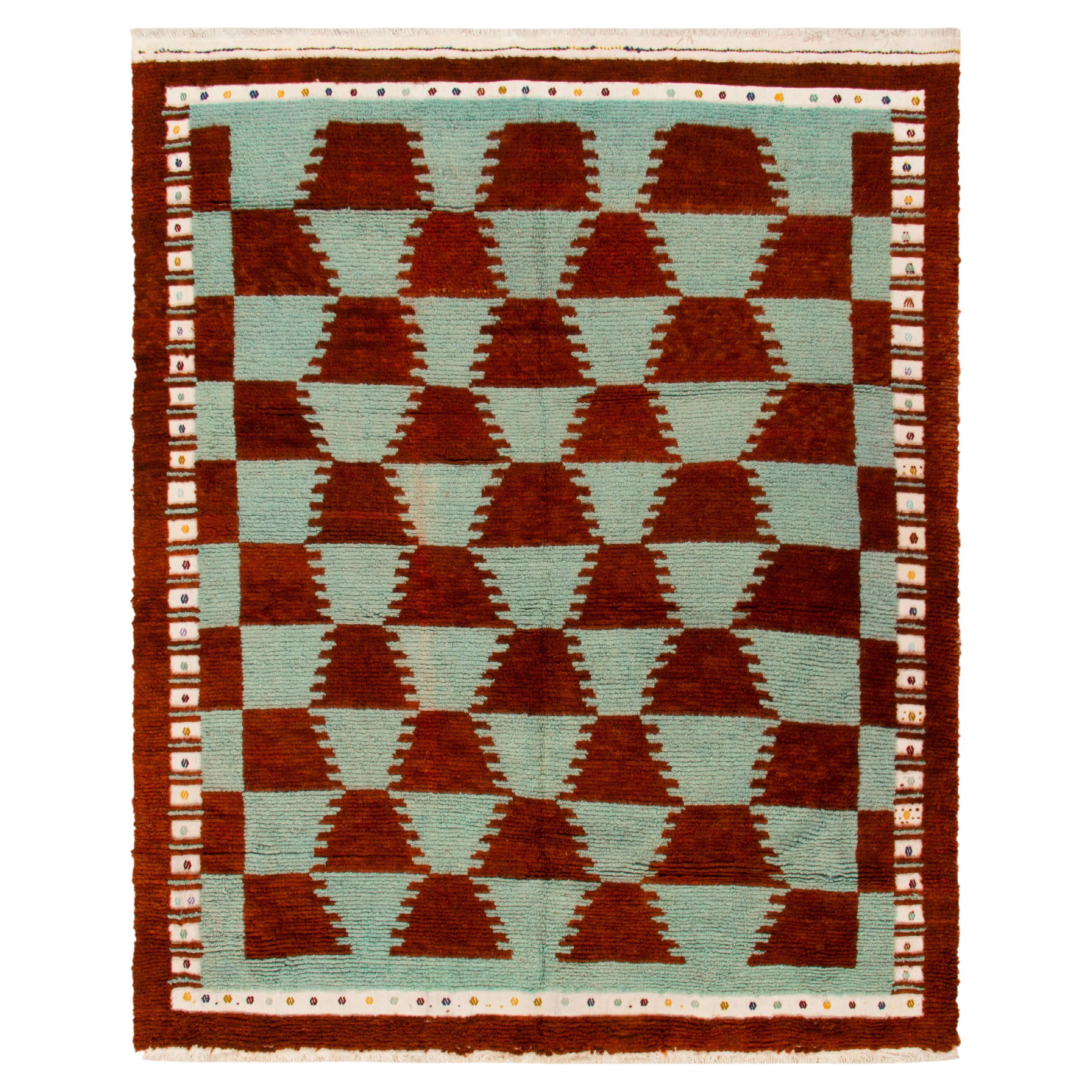 Vintage Tulu Rug in Brown Midnight Blue and White Geometric Pattern by