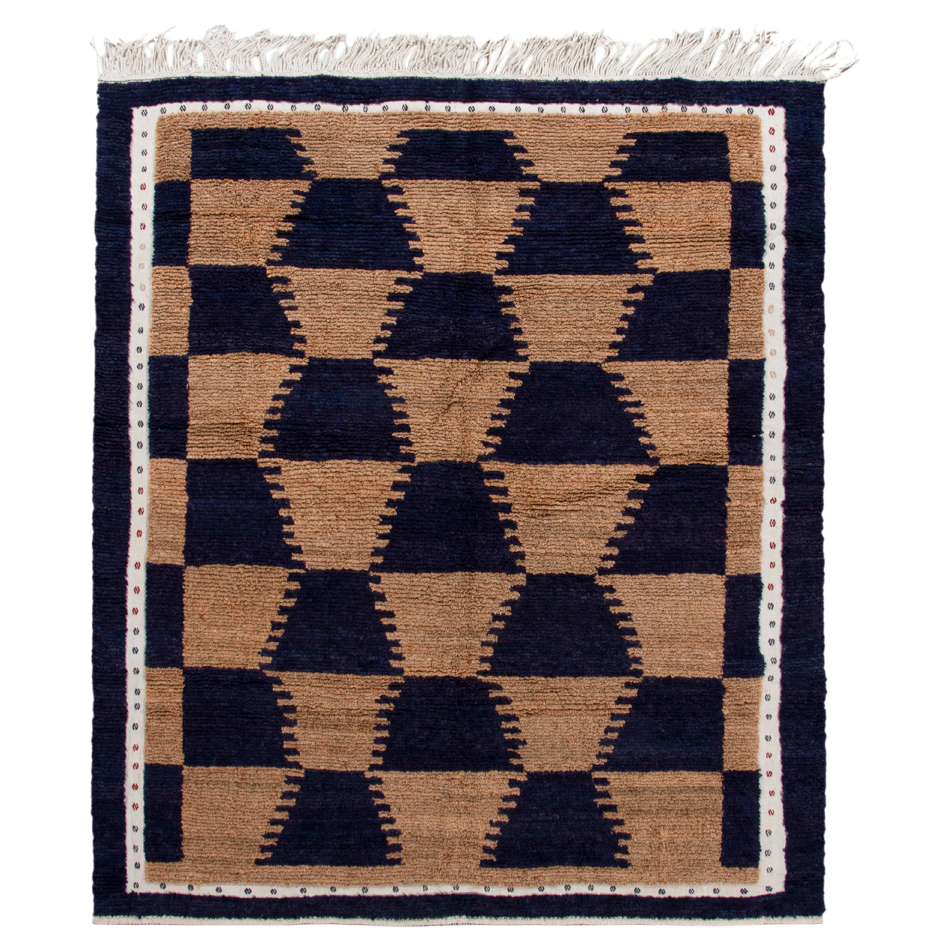 Tapis Tulu vintage à motif géométrique marron, bleu foncé et blanc par Rug & Kilim