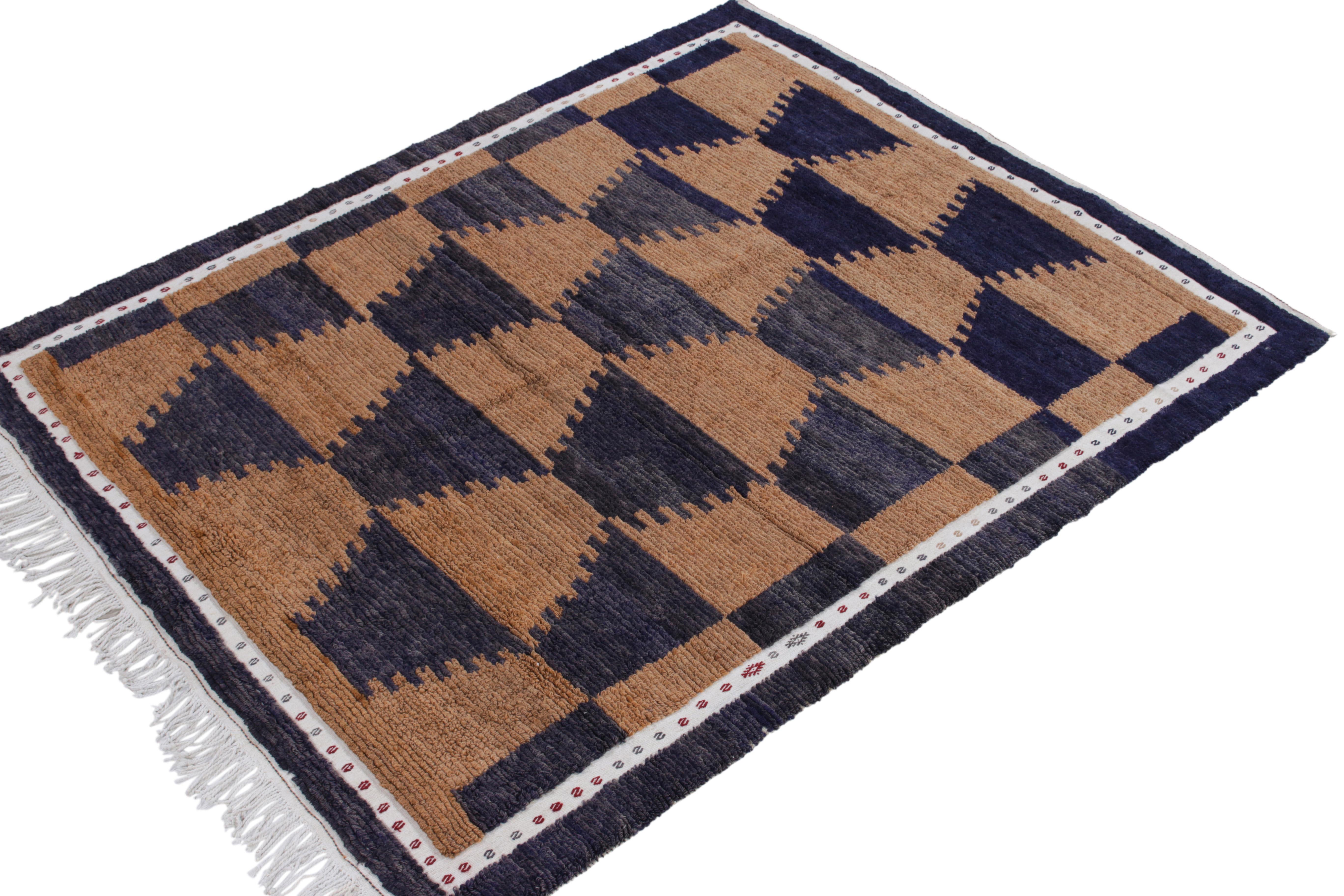 Turkish Vintage Tulu Rug in Brown Midnight Blue & White Geometric Pattern by Rug & Kilim For Sale