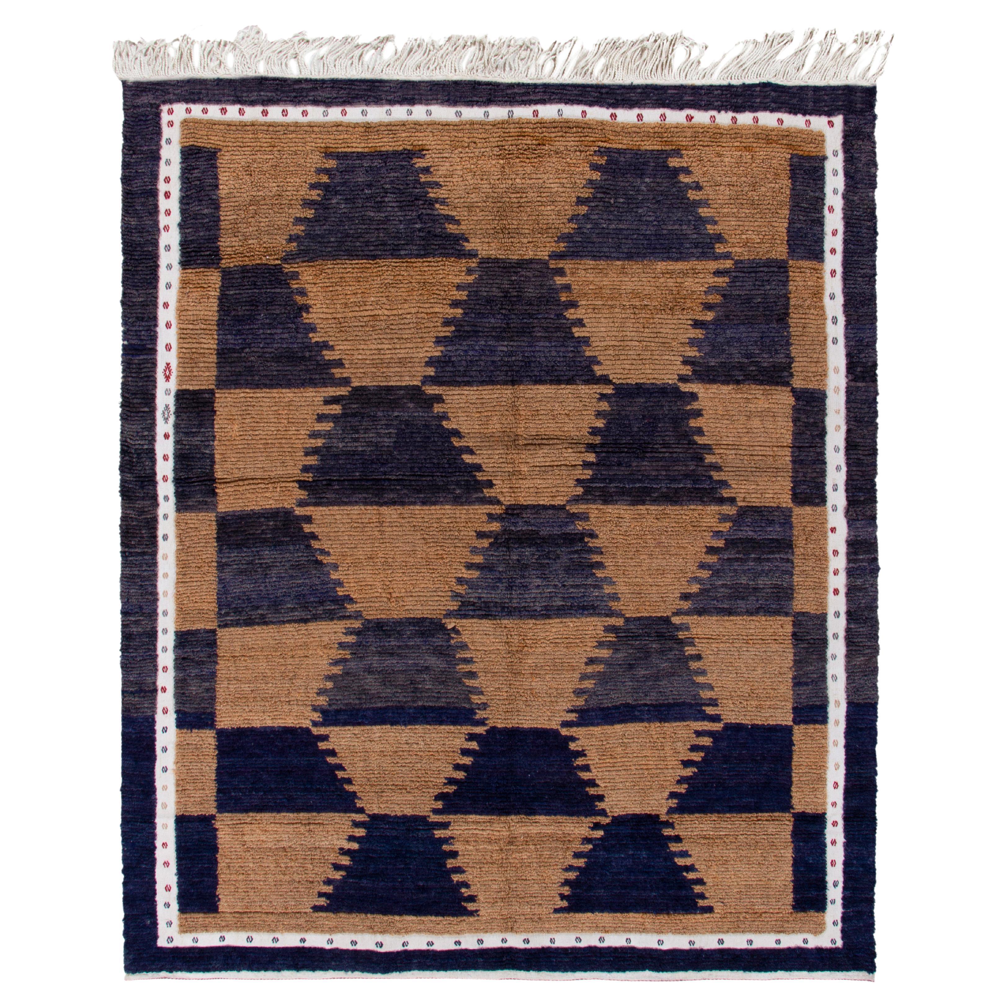 Vintage Tulu Vintage Teppich in Braun, Mitternachtsblau & Weiß mit geometrischem Muster von Teppich & Kelim