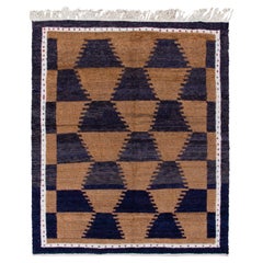 Vintage Tulu Rug in Brown, Midnight Blue & White Geometric Pattern