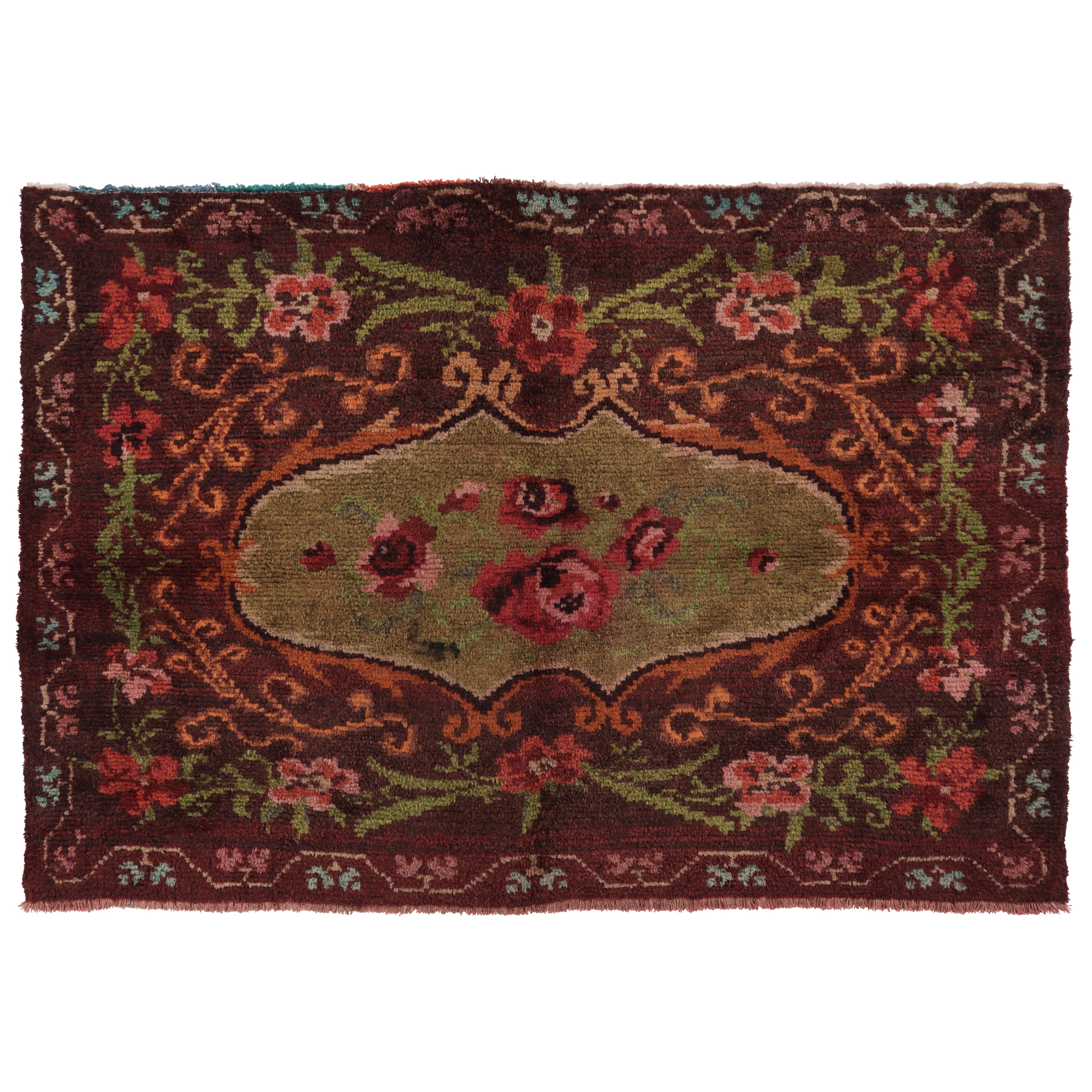 Vintage Tulu Rug in Brown with Polychromatic Floral Medallion - Rug 
Kilim For Sale