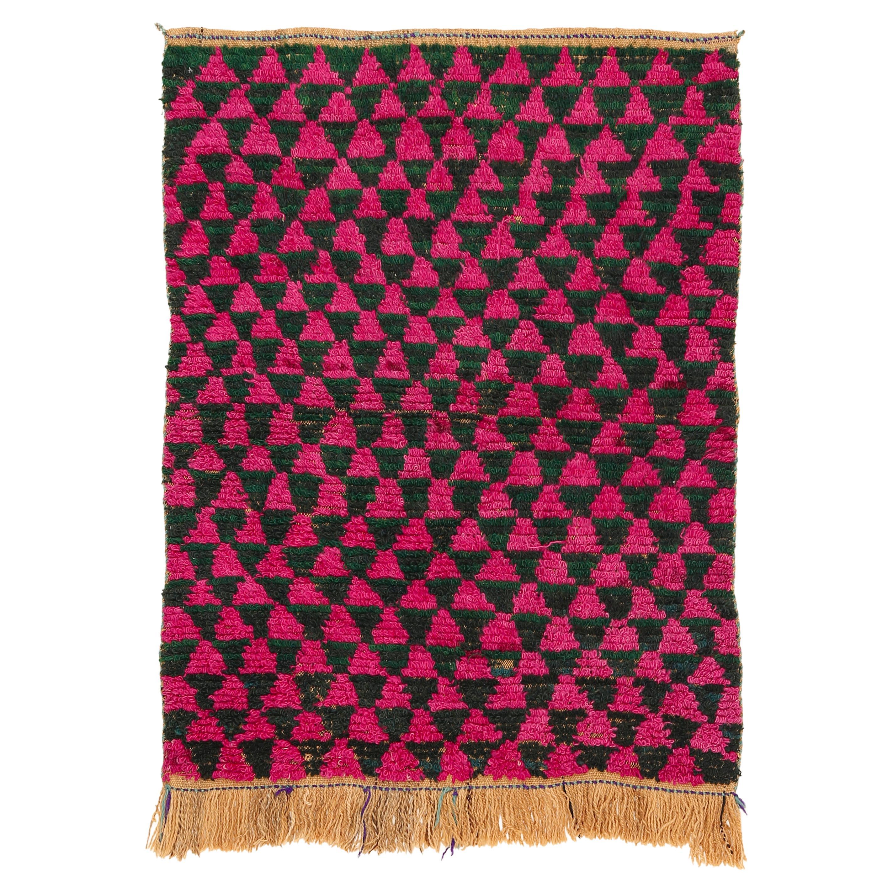 Vintage Tulu Rug in Fuchsia Pink and Emerald Green For Sale