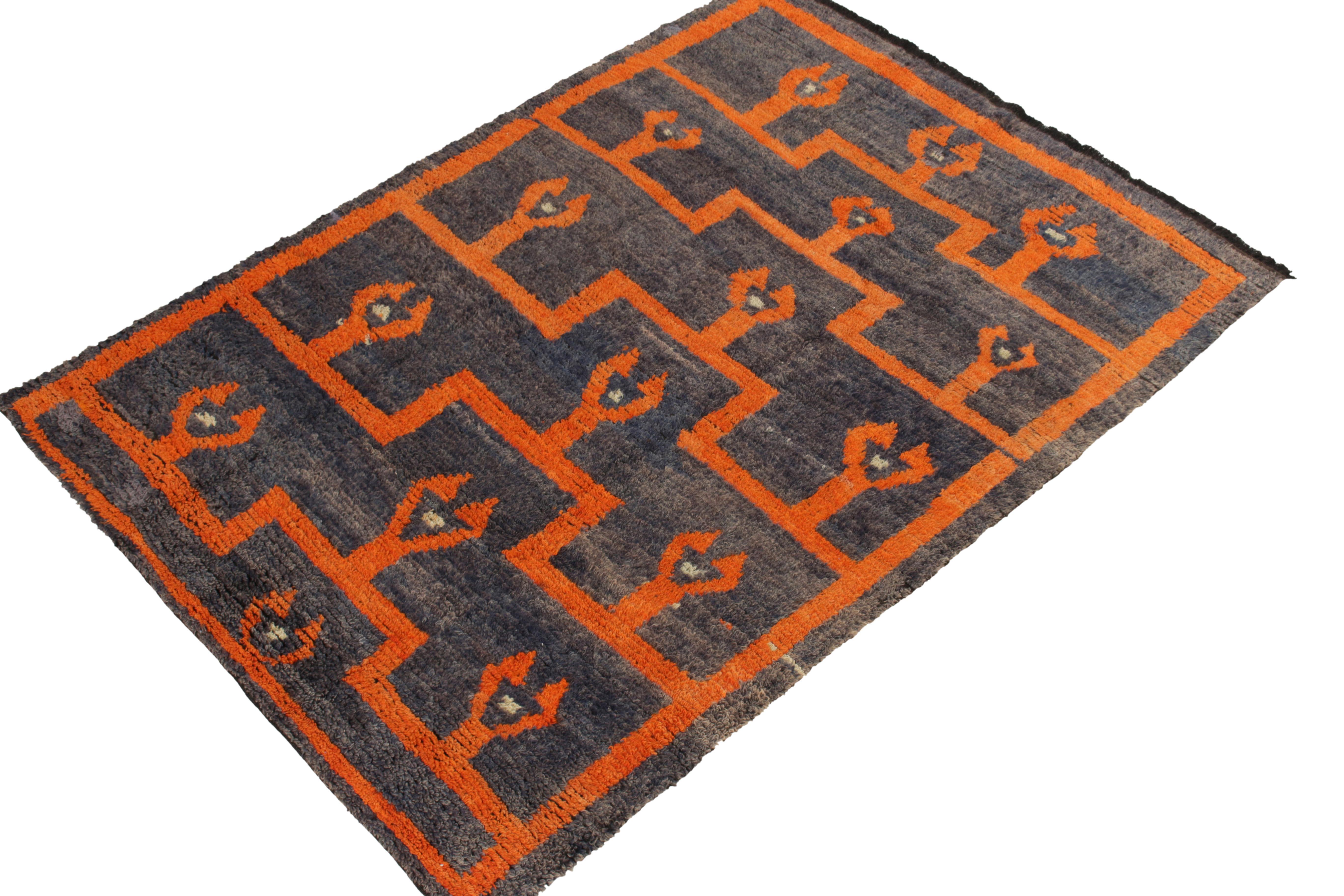 Turkish Vintage Tulu Rug in Gray-Blue, Orange Geometric Pattern by Rug & Kilim For Sale