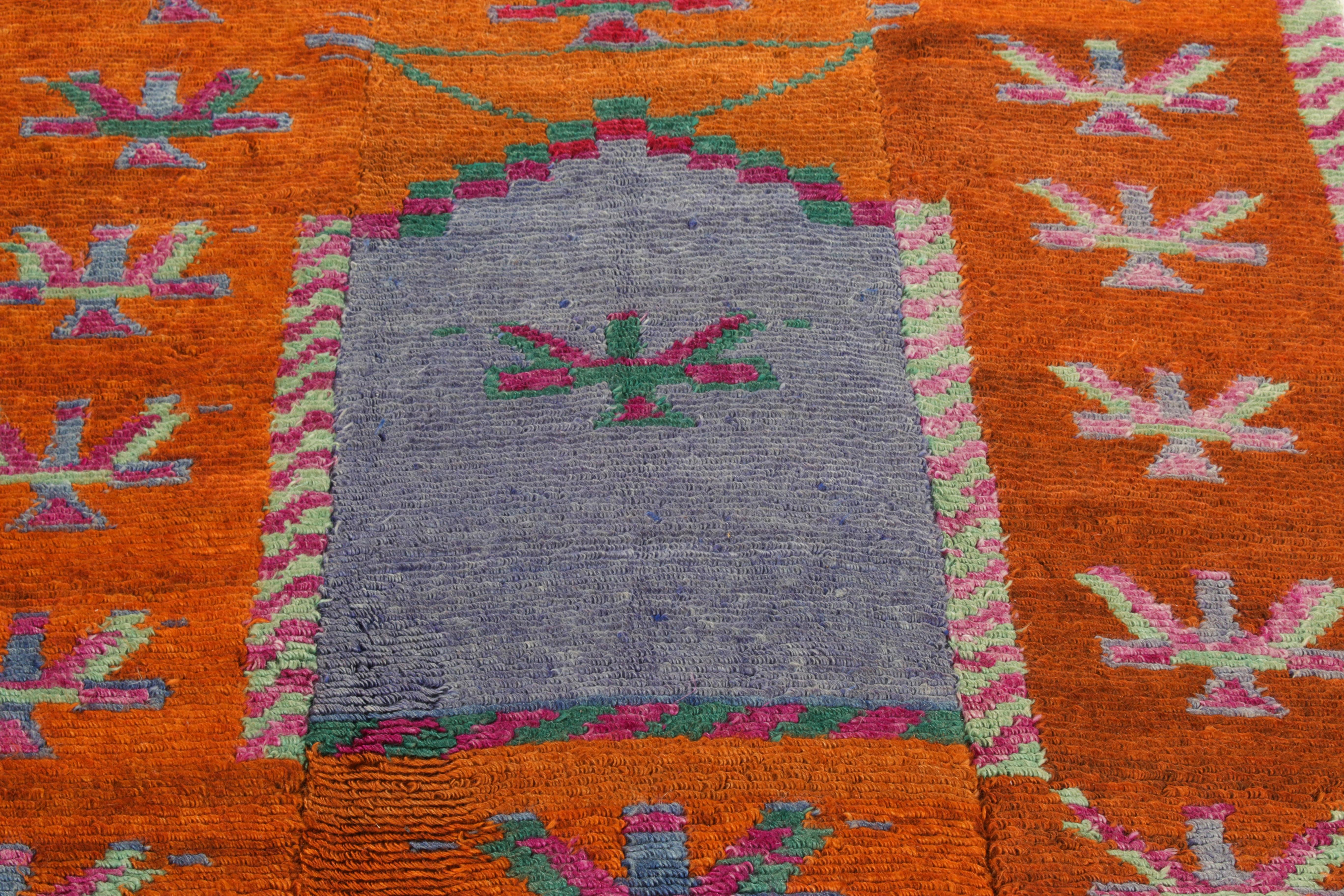 Turkish Vintage Tulu Rug in Orange, Blue, Mihrab-Style Geometric Pattern by Rug & Kilim For Sale