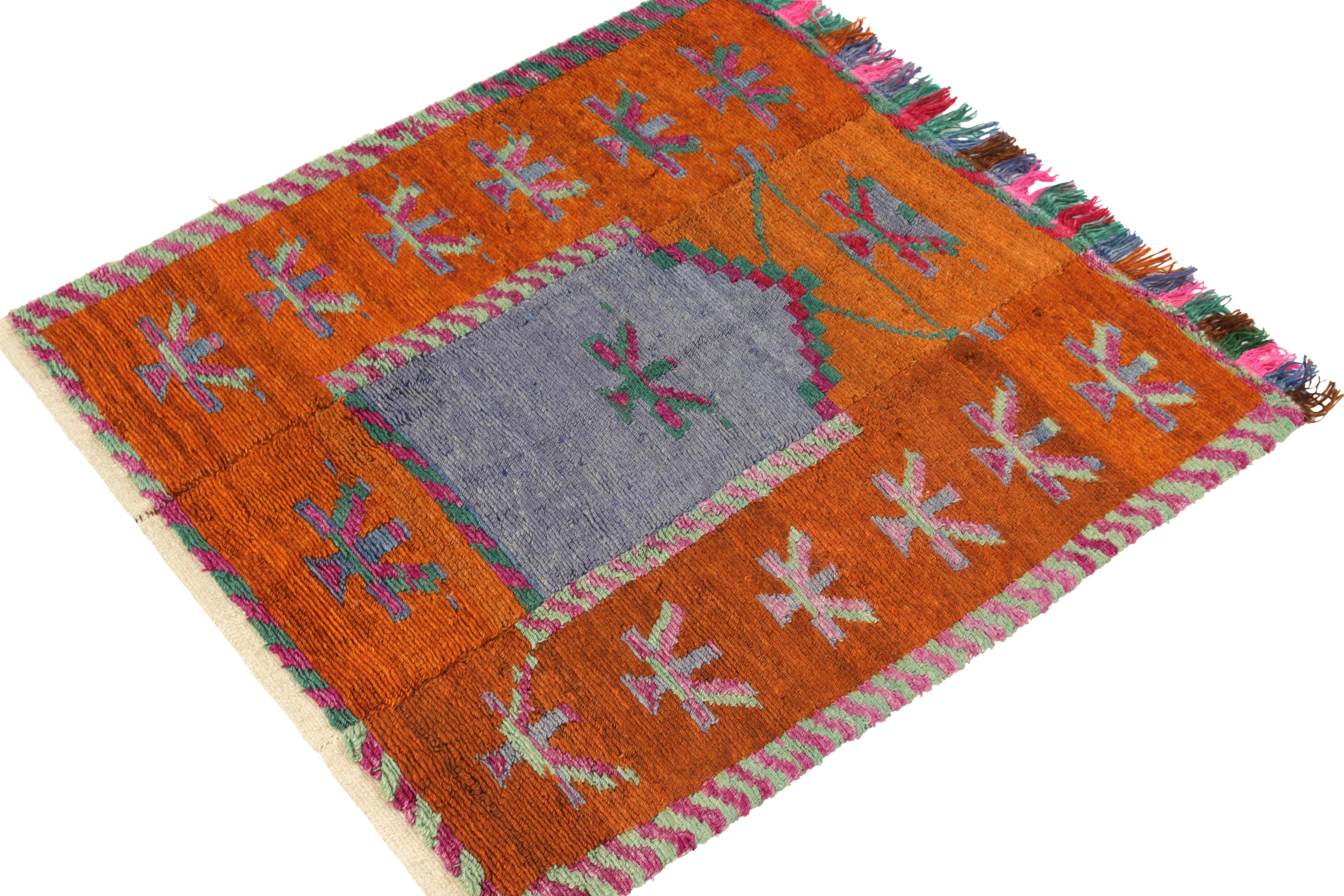 Hand-Knotted Vintage Tulu Rug in Orange, Blue, Mihrab-Style Geometric Pattern by Rug & Kilim For Sale