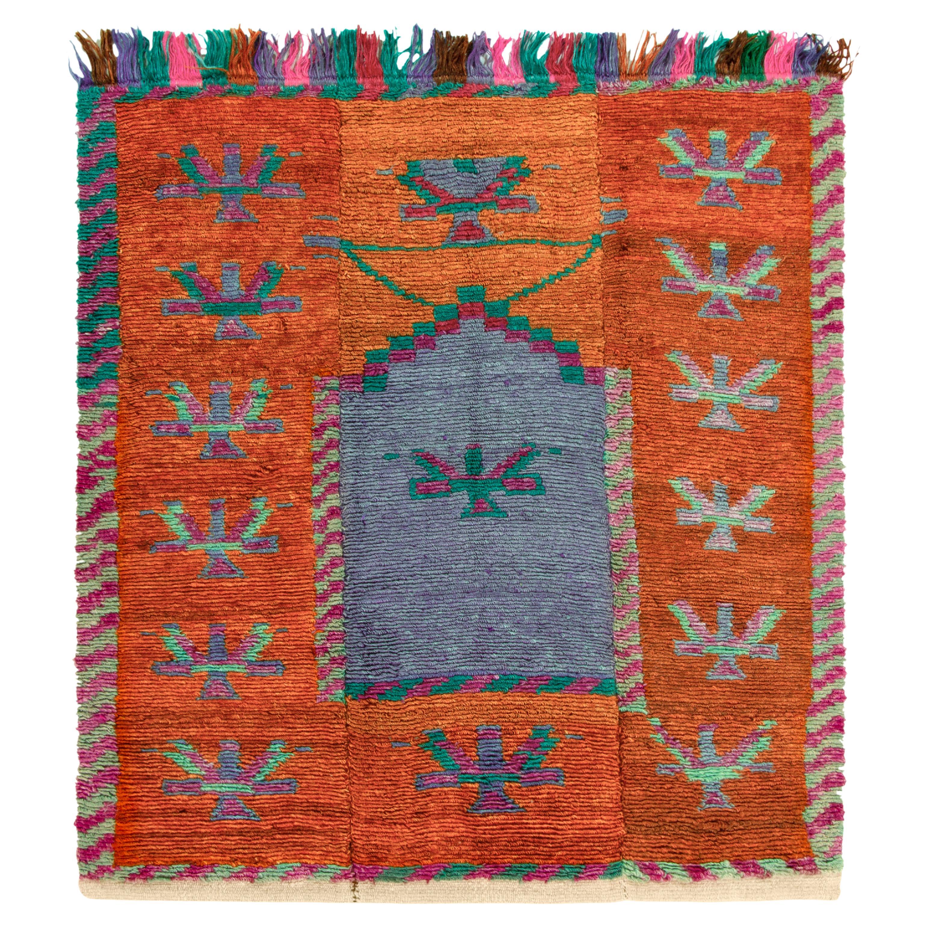 Vintage Tulu Rug in Orange, Blue, Mihrab-Style Geometric Pattern by Rug & Kilim