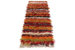 Vintage Tulu Rug in Orange, Red Green Multicolor Shag Pile Stripe by Rug & Kilim