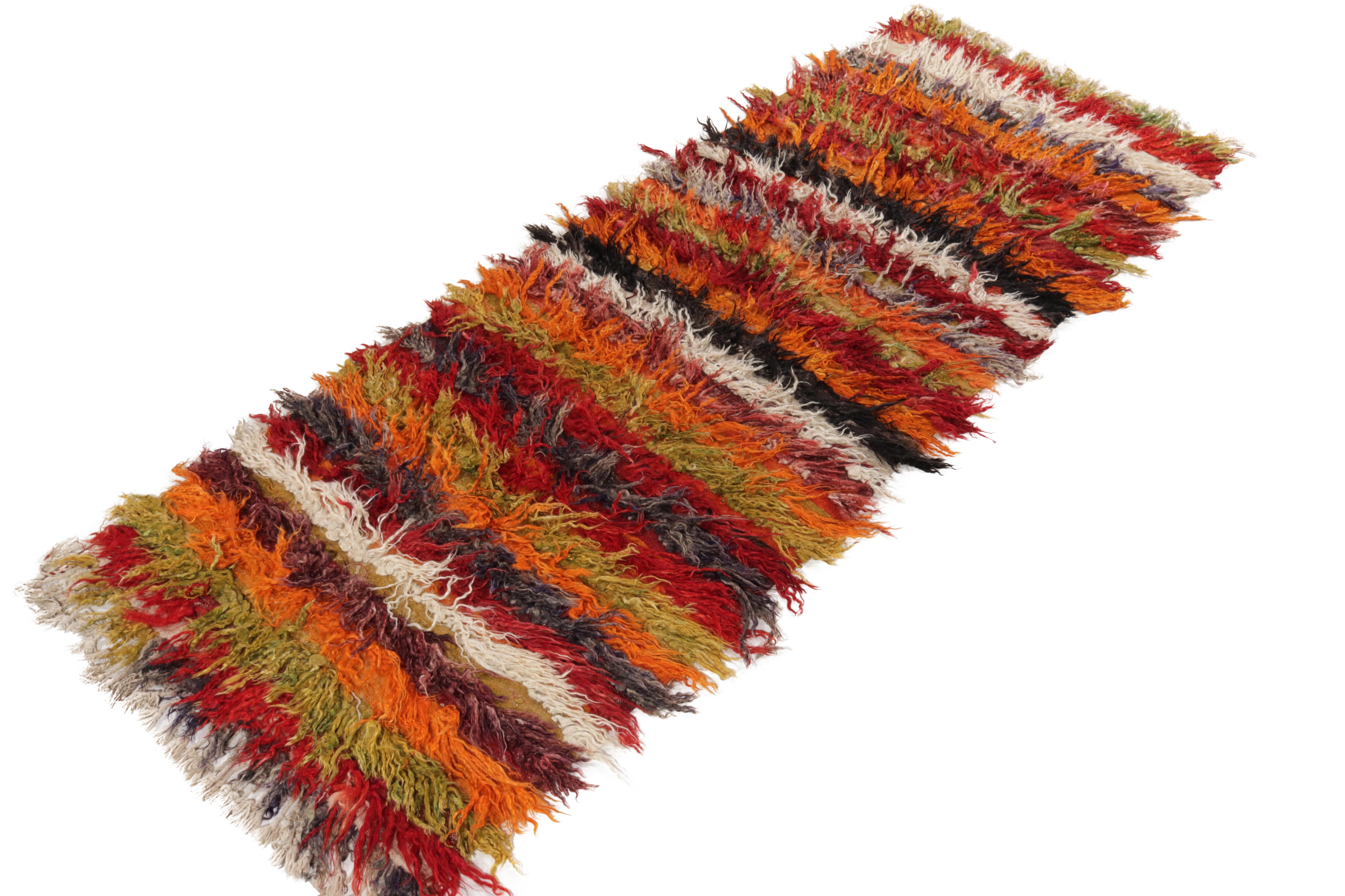 Indian Vintage Tulu Rug in Orange, Red Green Multicolor Shag Pile Stripe by Rug & Kilim For Sale