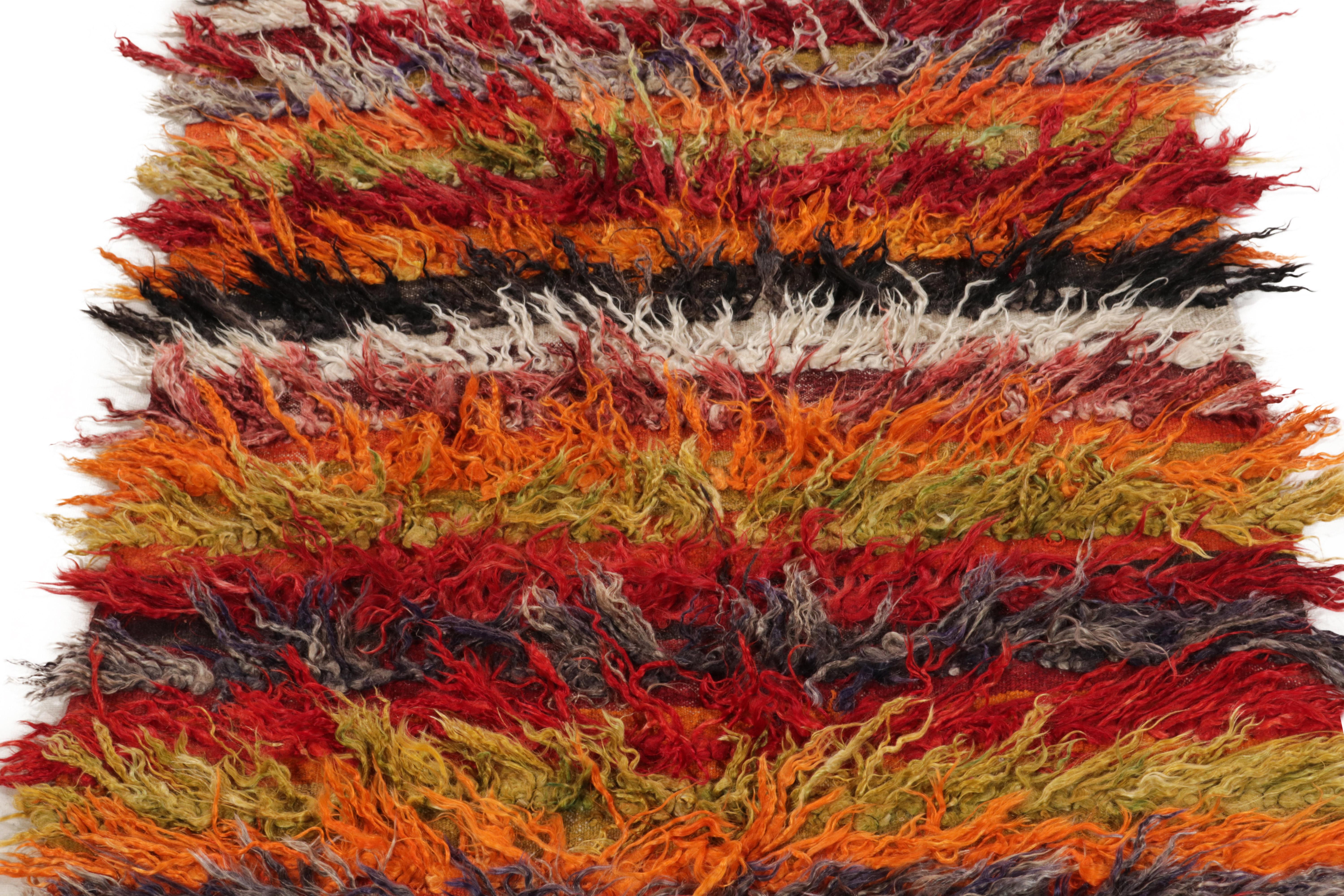 Hand-Knotted Vintage Tulu Rug in Orange, Red Green Multicolor Shag Pile Stripe by Rug & Kilim For Sale