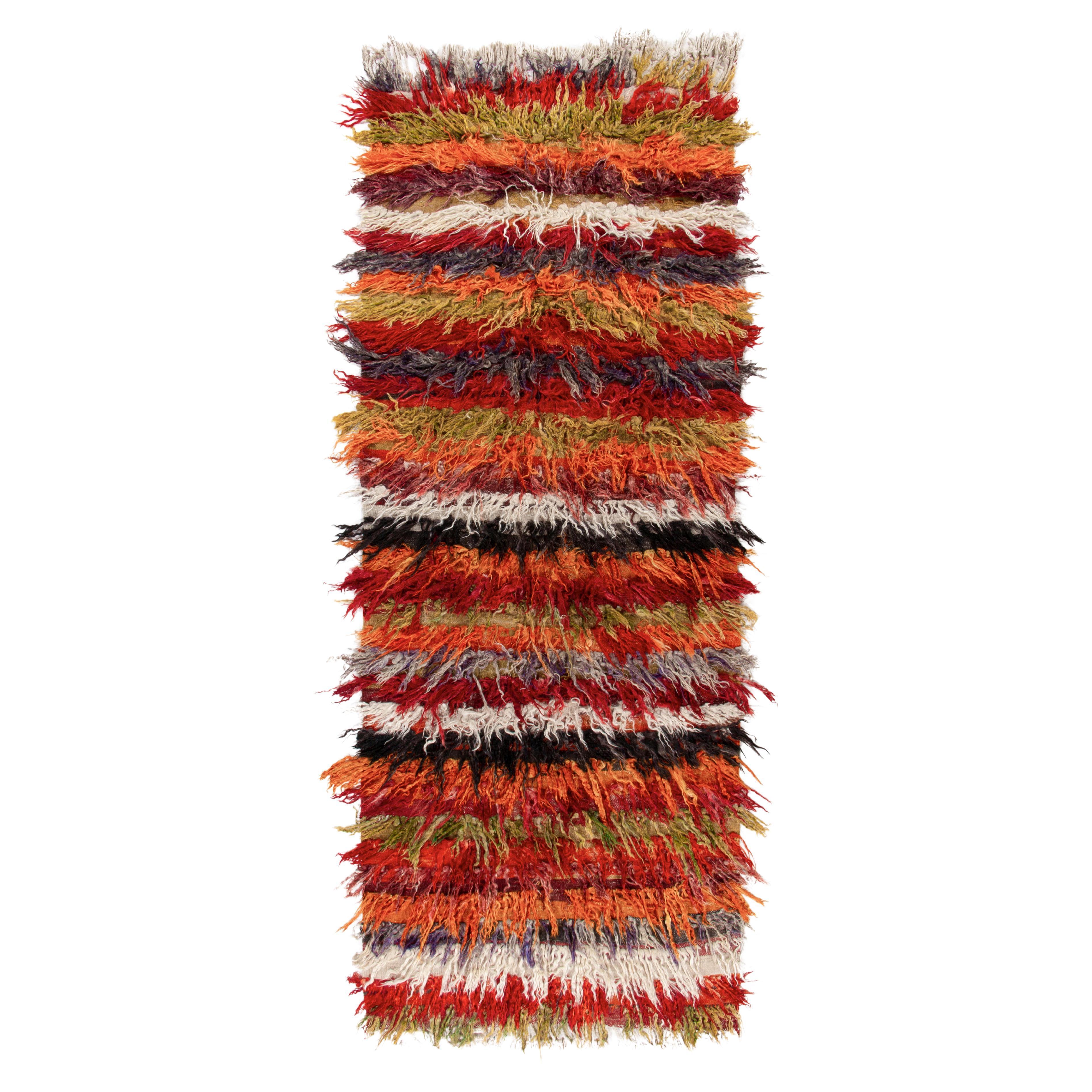 Vintage Tulu Rug in Orange, Red Green Multicolor Shag Pile Stripe by Rug & Kilim For Sale