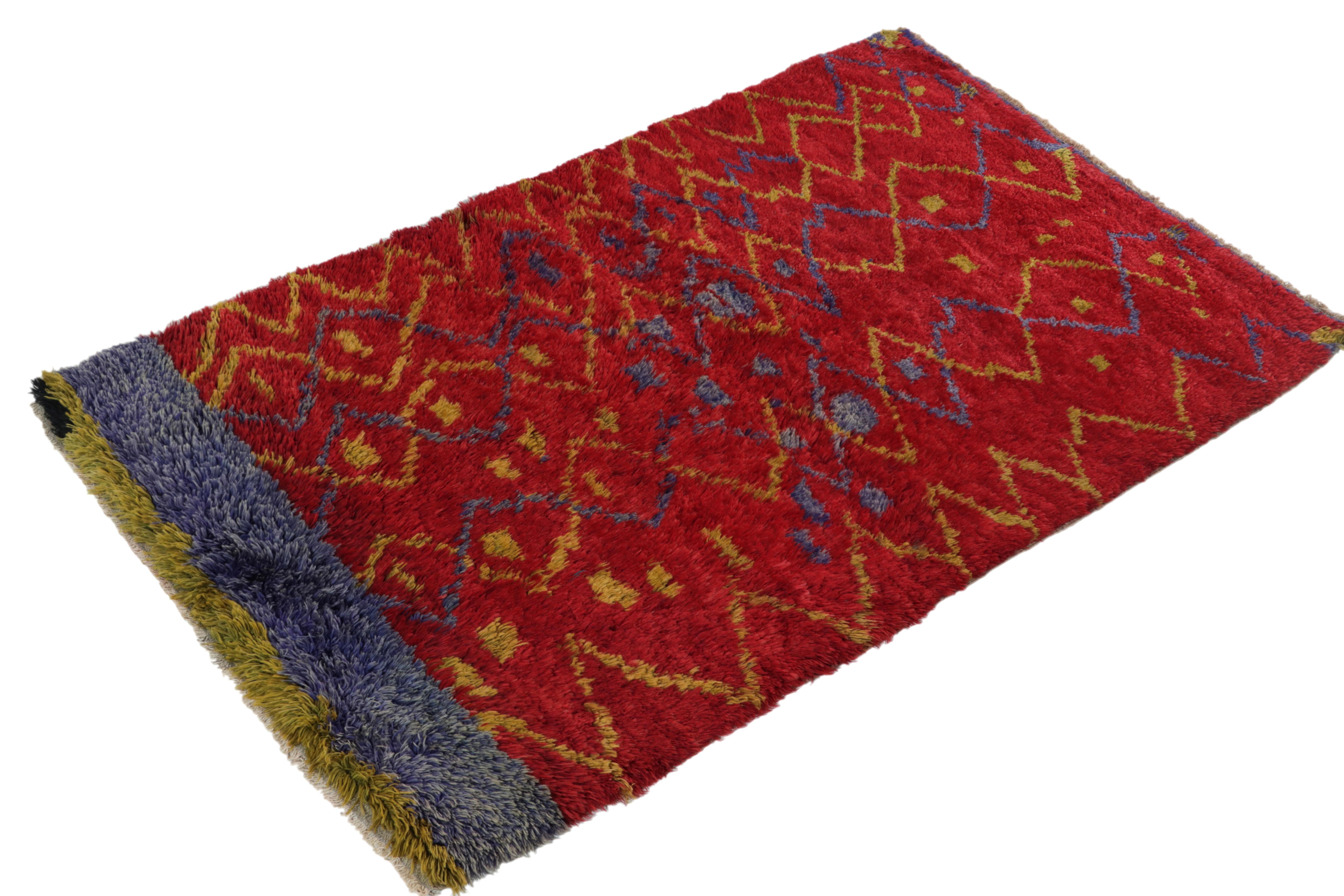 Tribal Vintage Tulu Rug in Red, Blue, Mustard Zig Zag Pattern, Shag Pile by Rug & Kilim For Sale