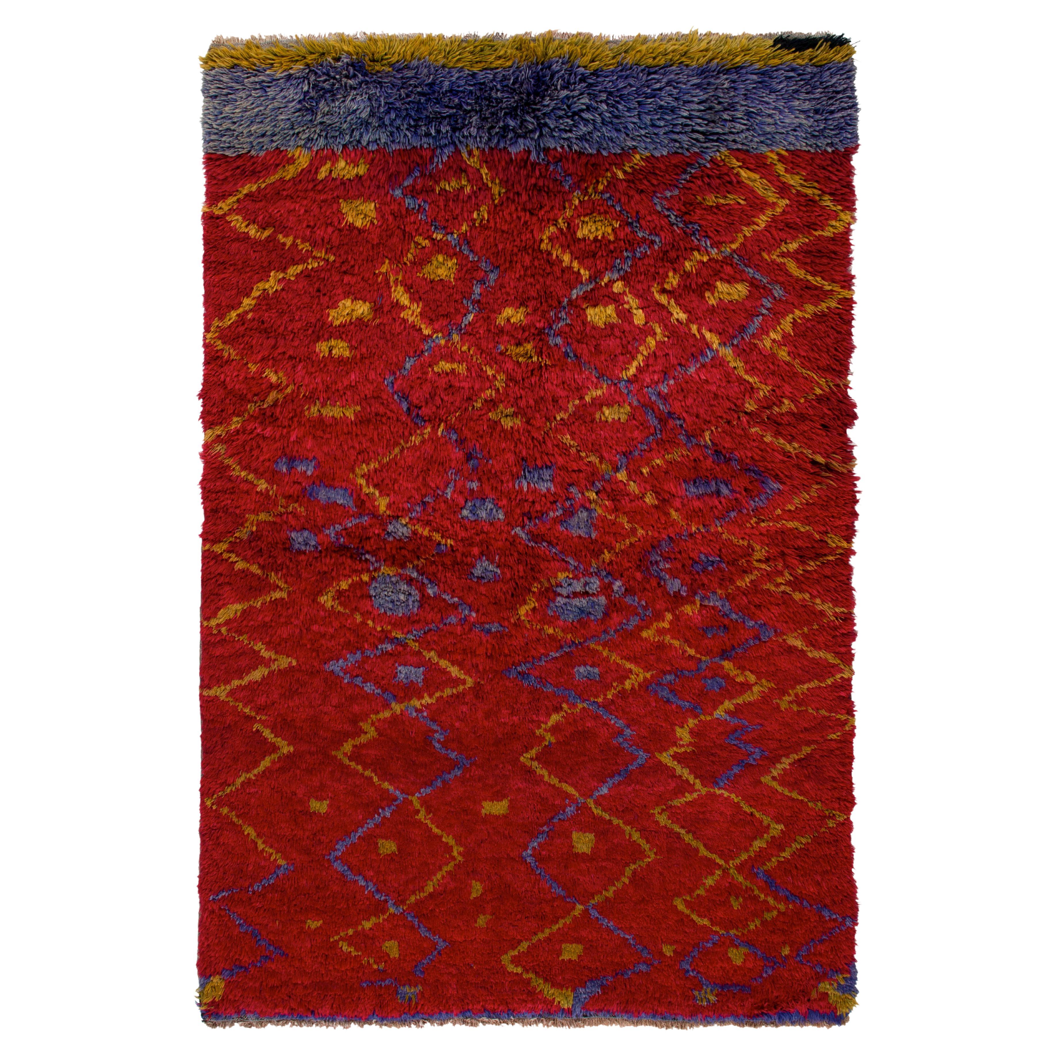 Vintage Tulu Rug in Red, Blue, Mustard Zig Zag Pattern, Shag Pile by Rug & Kilim