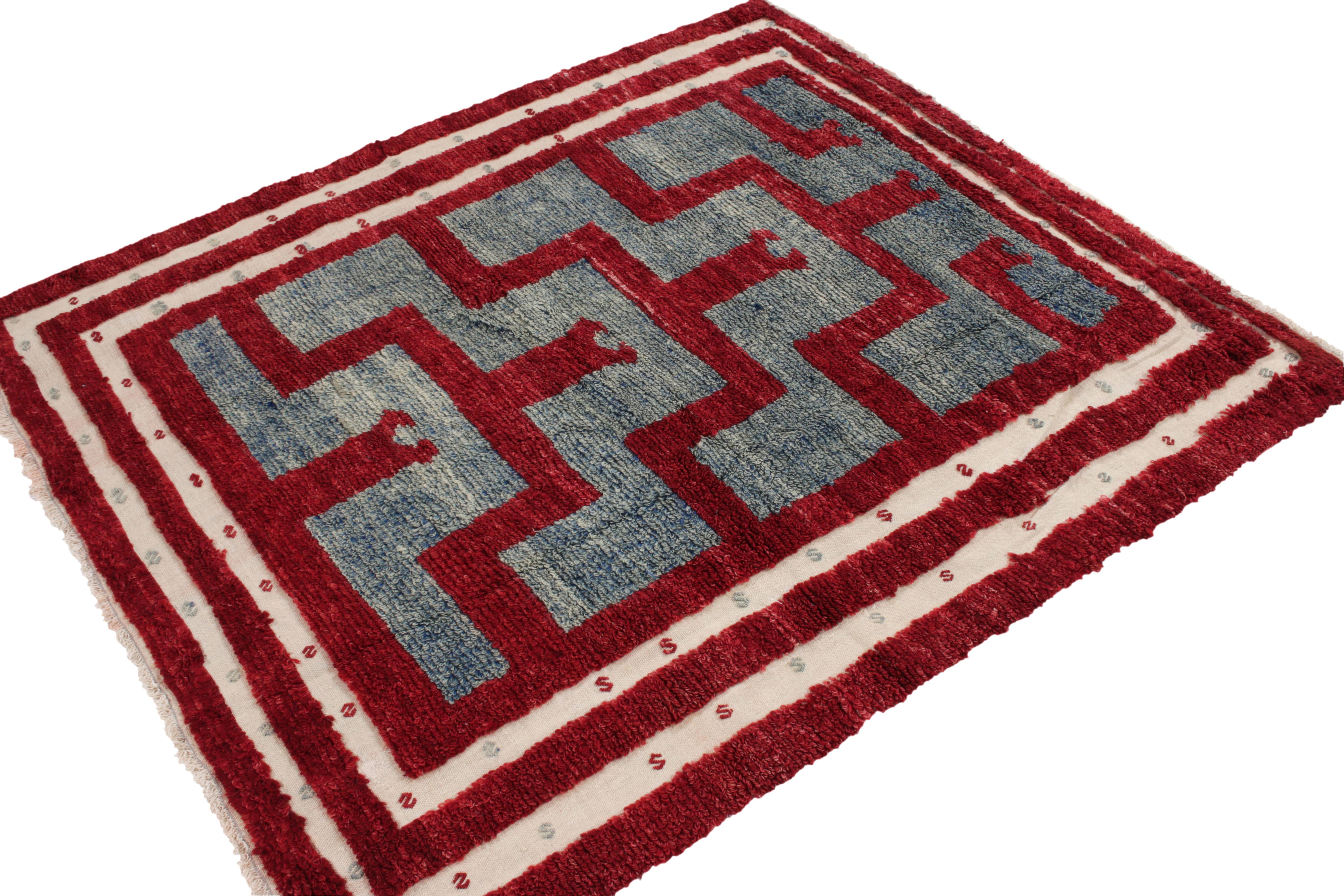Turkish Vintage Tulu rug in Red, Blue, White High-Low Geometric pattern by Rug & Kilim For Sale