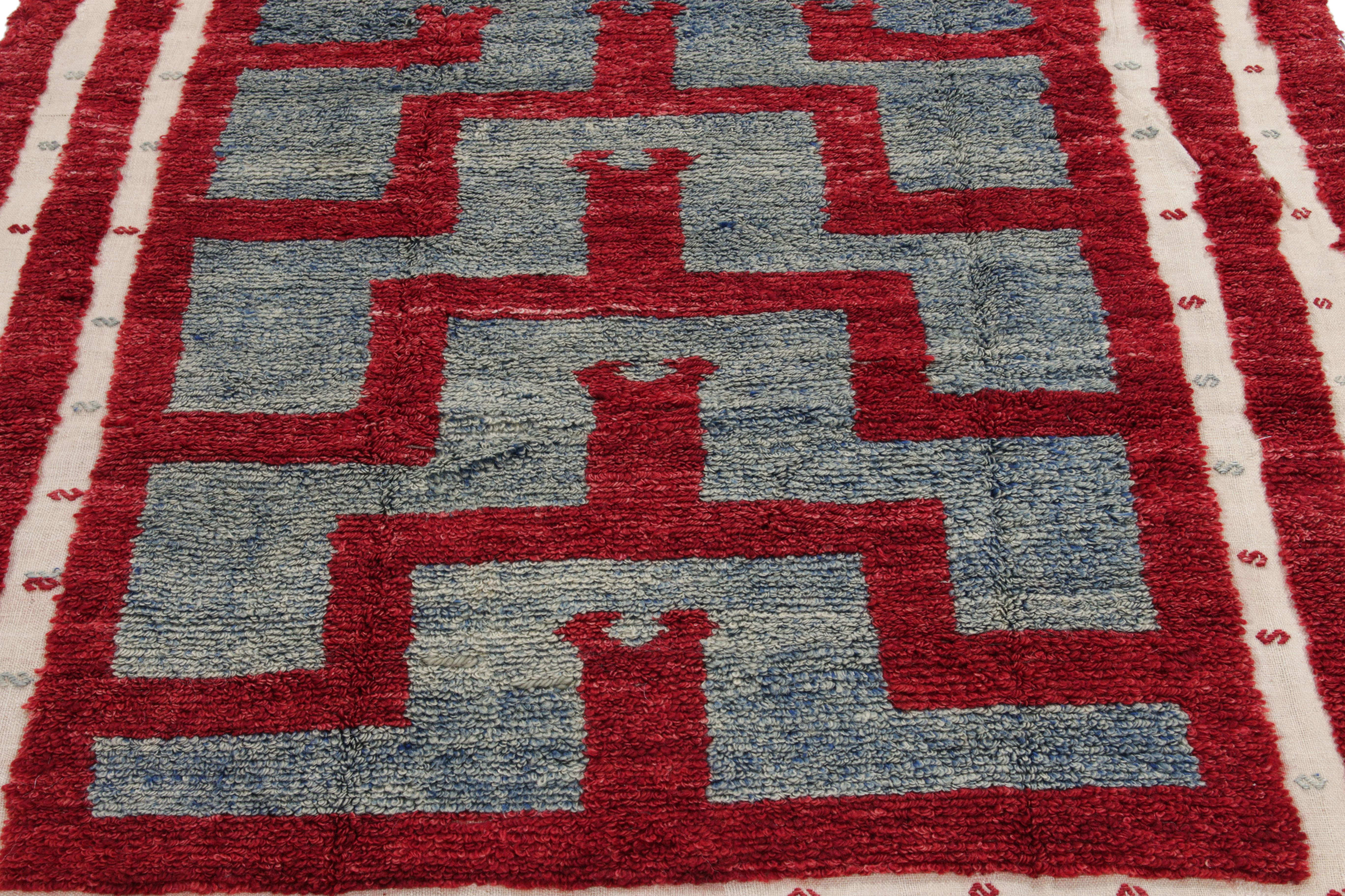 Hand-Knotted Vintage Tulu rug in Red, Blue, White High-Low Geometric pattern by Rug & Kilim For Sale