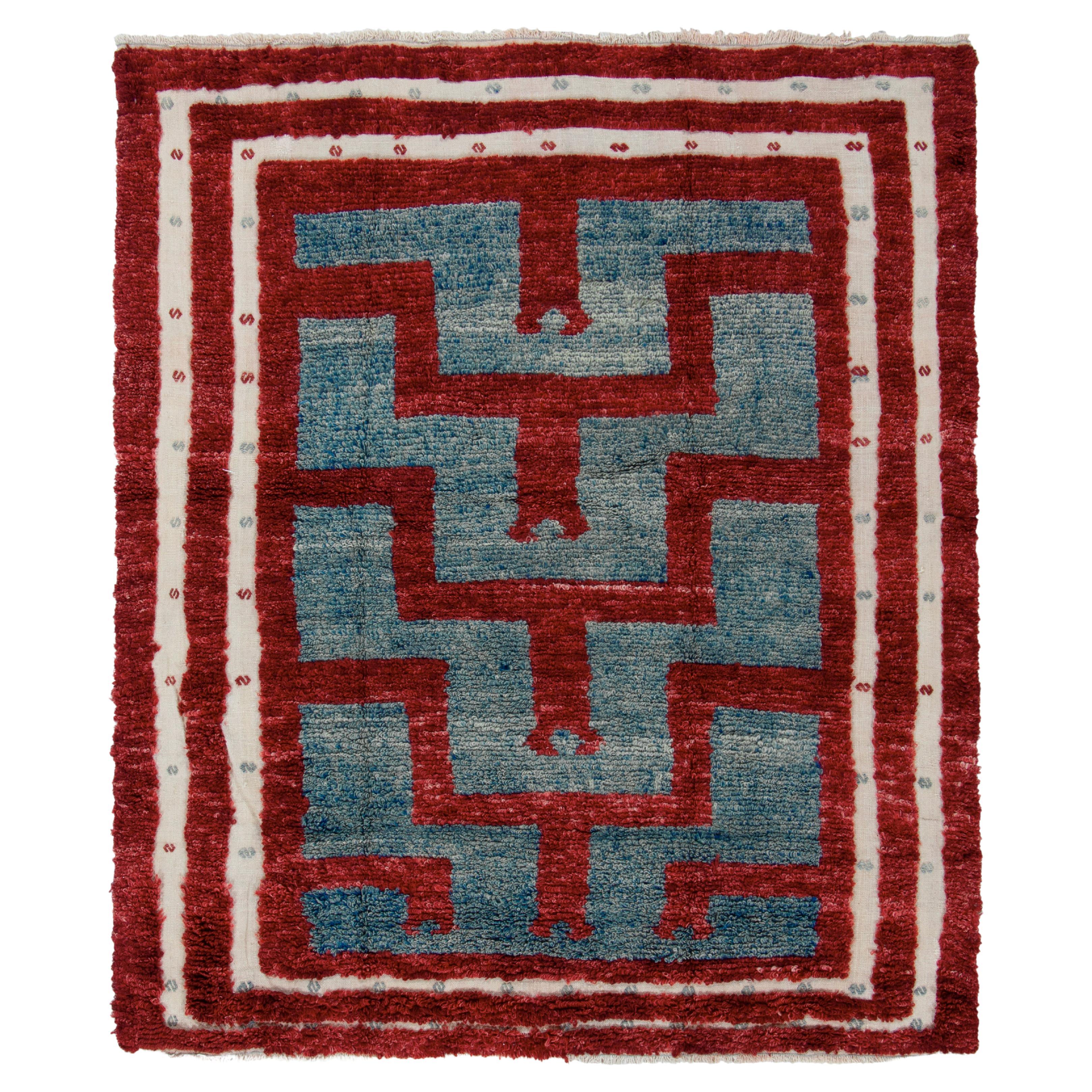 Vintage Tulu rug in Red, Blue, White High-Low Geometric pattern by Rug & Kilim For Sale