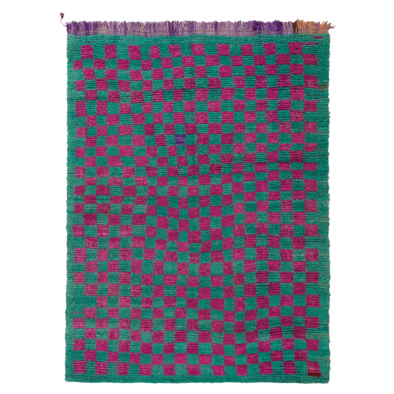 Vintage Tulu Rug in Turquoise Geometric Chessboard Pattern by Rug and Kilim For Sale at 1stDibs