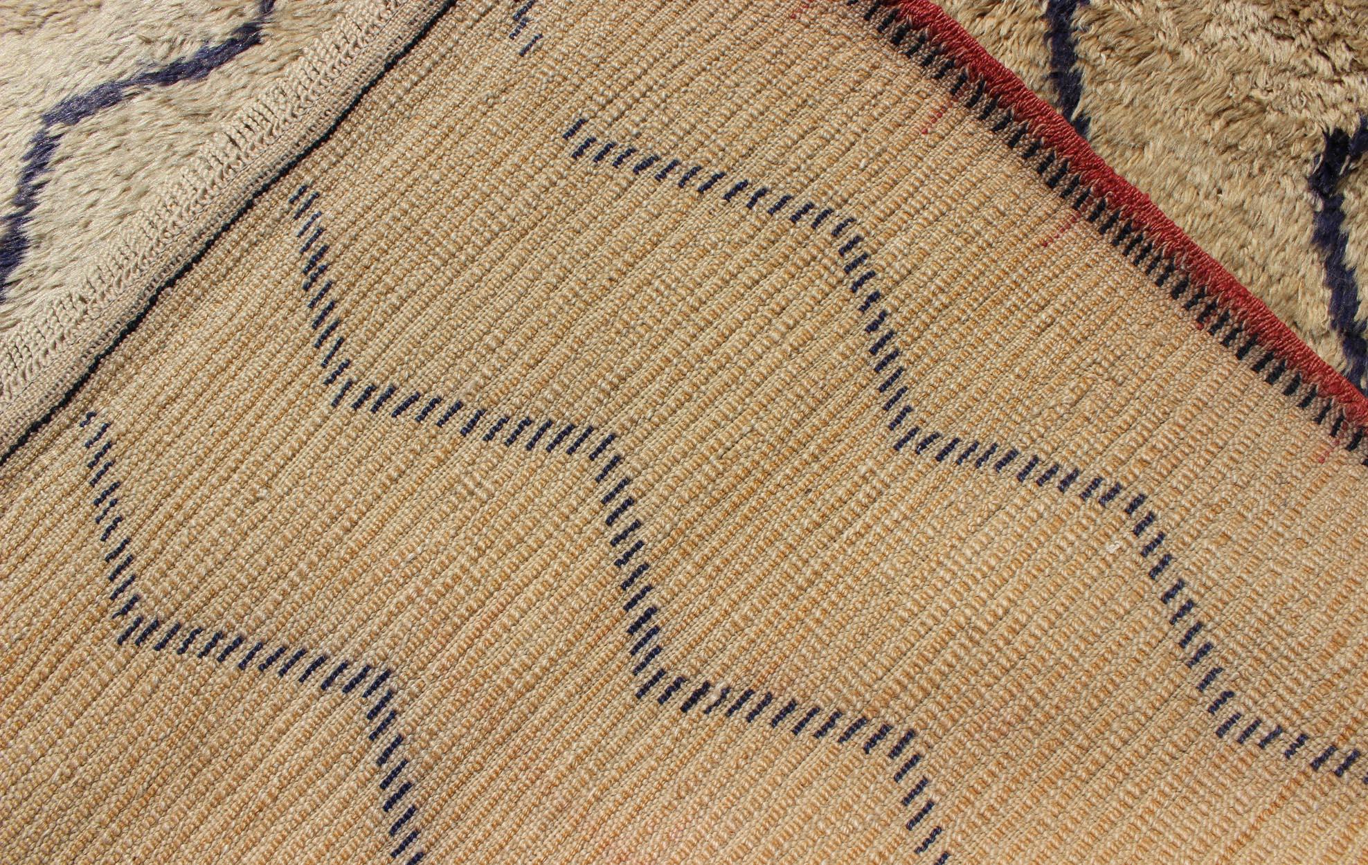 Vintage Tulu Rug With Modern Design in Off Taupe Color and Dark Blue Lines For Sale 2