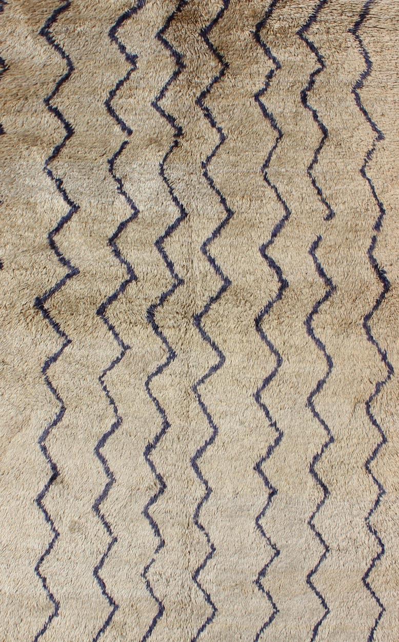Tribal Vintage Tulu Rug With Modern Design in Off Taupe Color and Dark Blue Lines For Sale