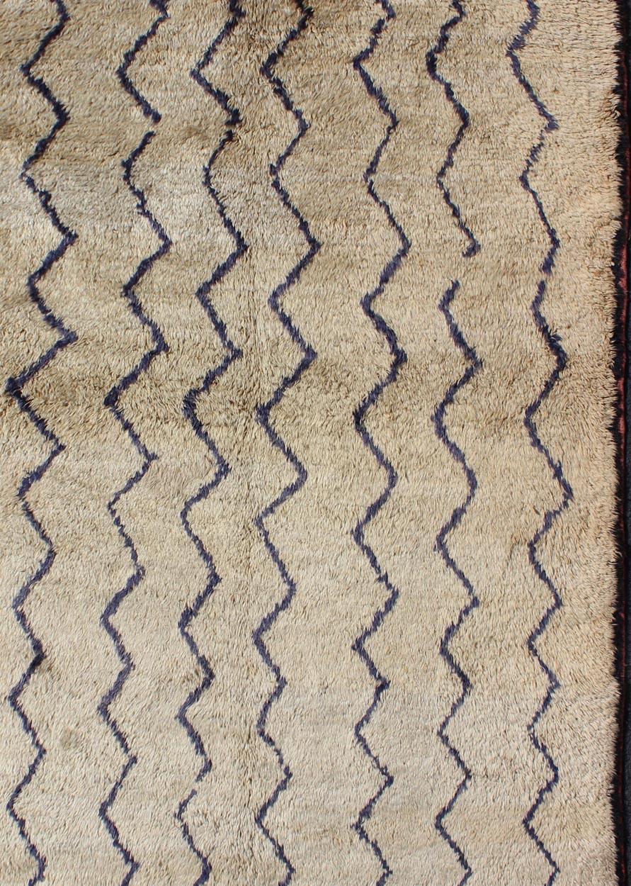 Turkish Vintage Tulu Rug With Modern Design in Off Taupe Color and Dark Blue Lines For Sale