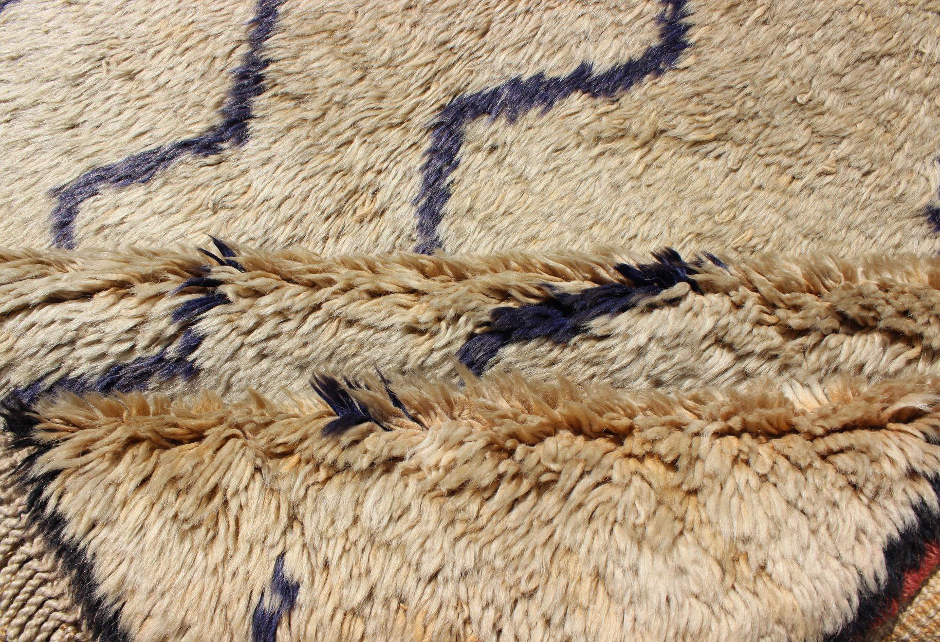 Hand-Knotted Vintage Tulu Rug With Modern Design in Off Taupe Color and Dark Blue Lines For Sale