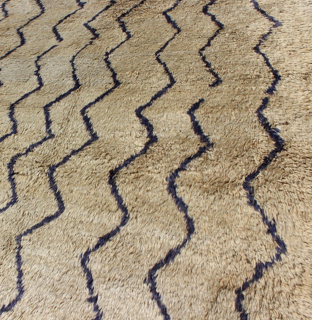 Vintage Tulu Rug With Modern Design in Off Taupe Color and Dark Blue Lines In Good Condition For Sale In Atlanta, GA