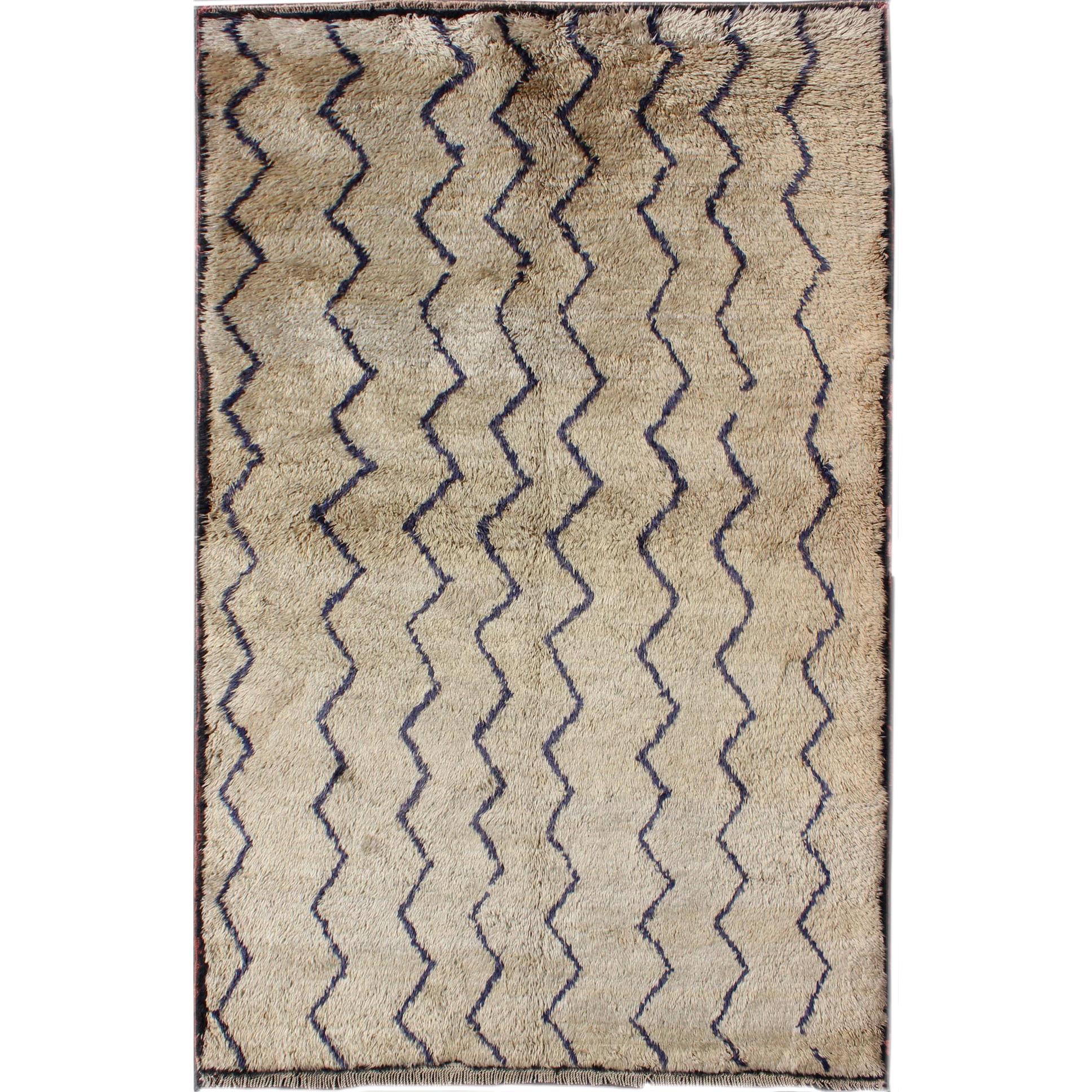 Vintage Tulu Rug With Modern Design in Off Taupe Color and Dark Blue Lines For Sale