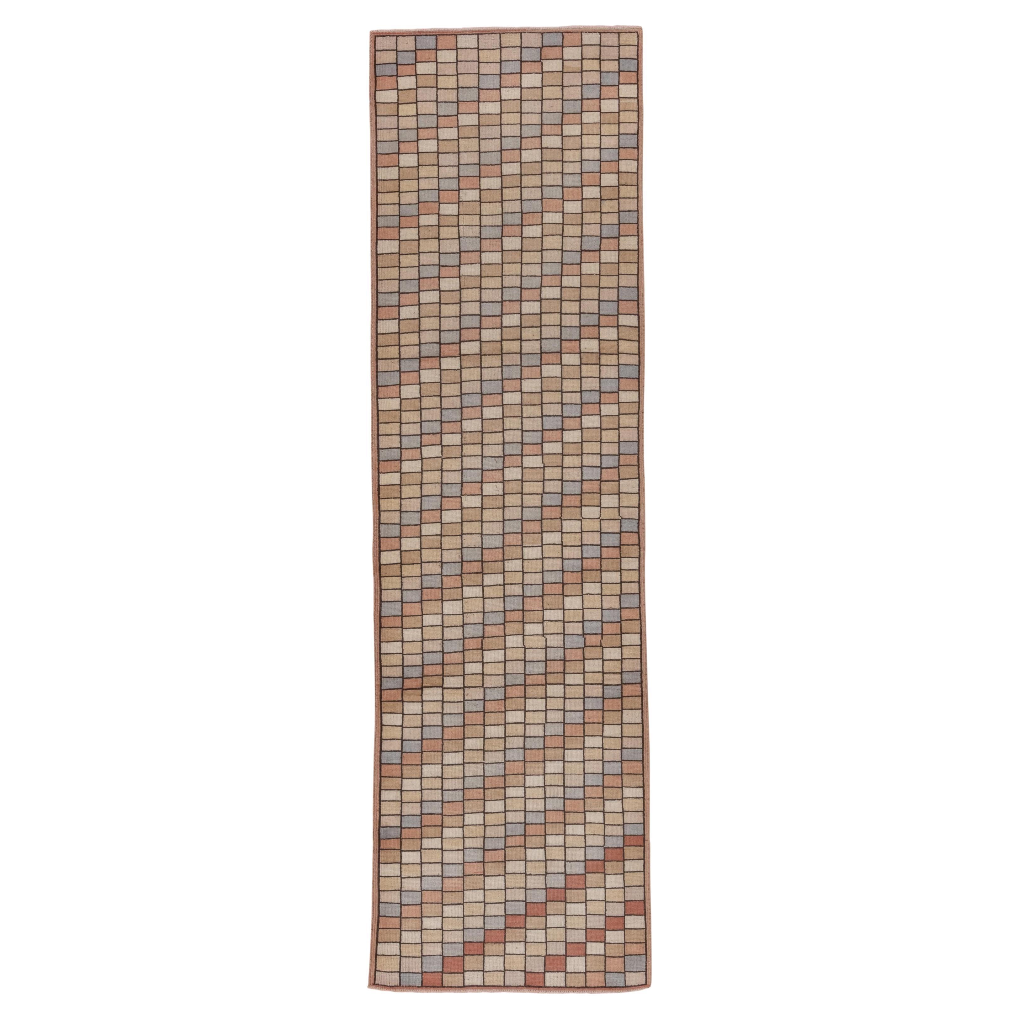 Vintage Tulu Runner – Mosaic Grid in Soft Pastels For Sale