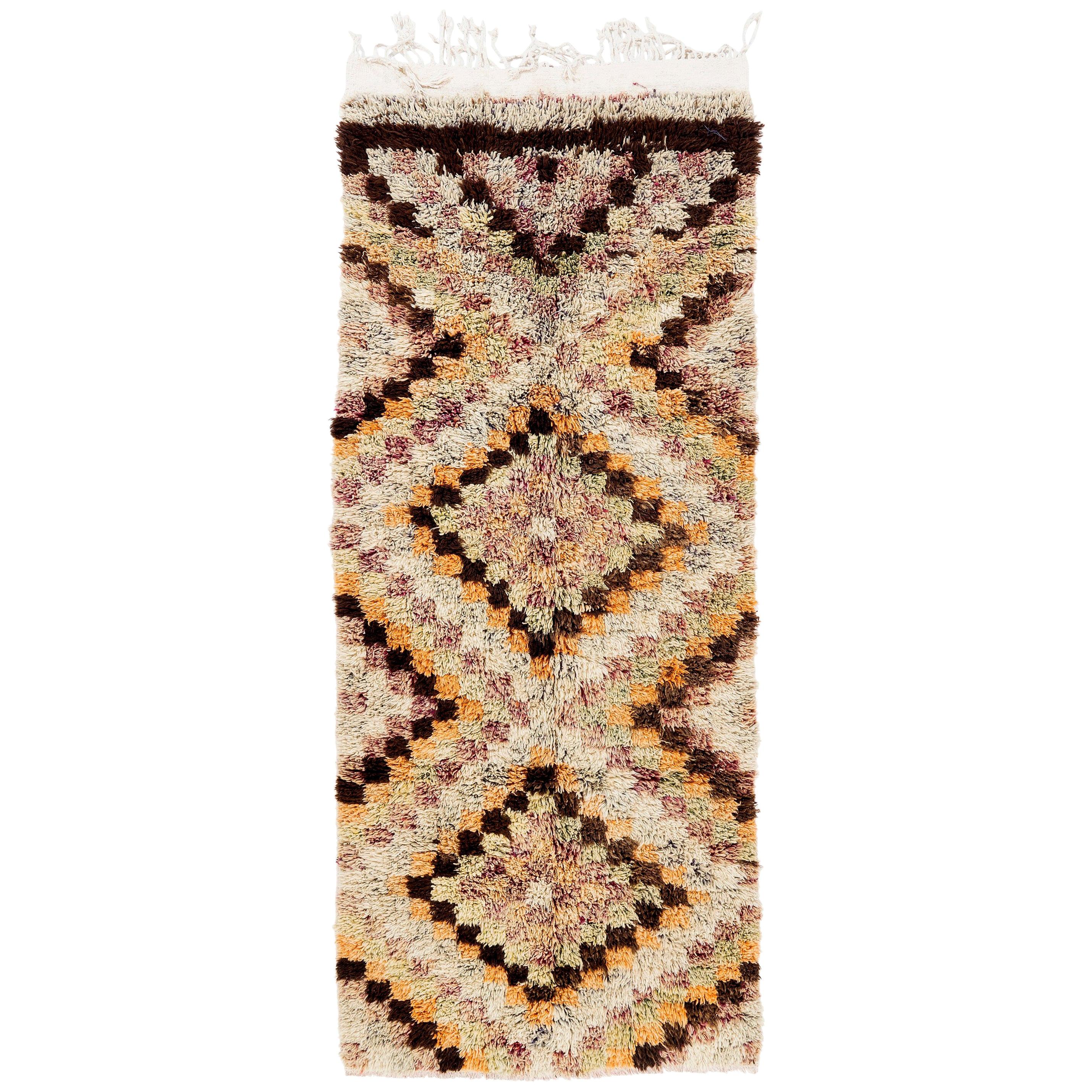 4x10 Ft Vintage Tulu Runner Rug with Checkered Design, Wool Hand-Knotted Carpet