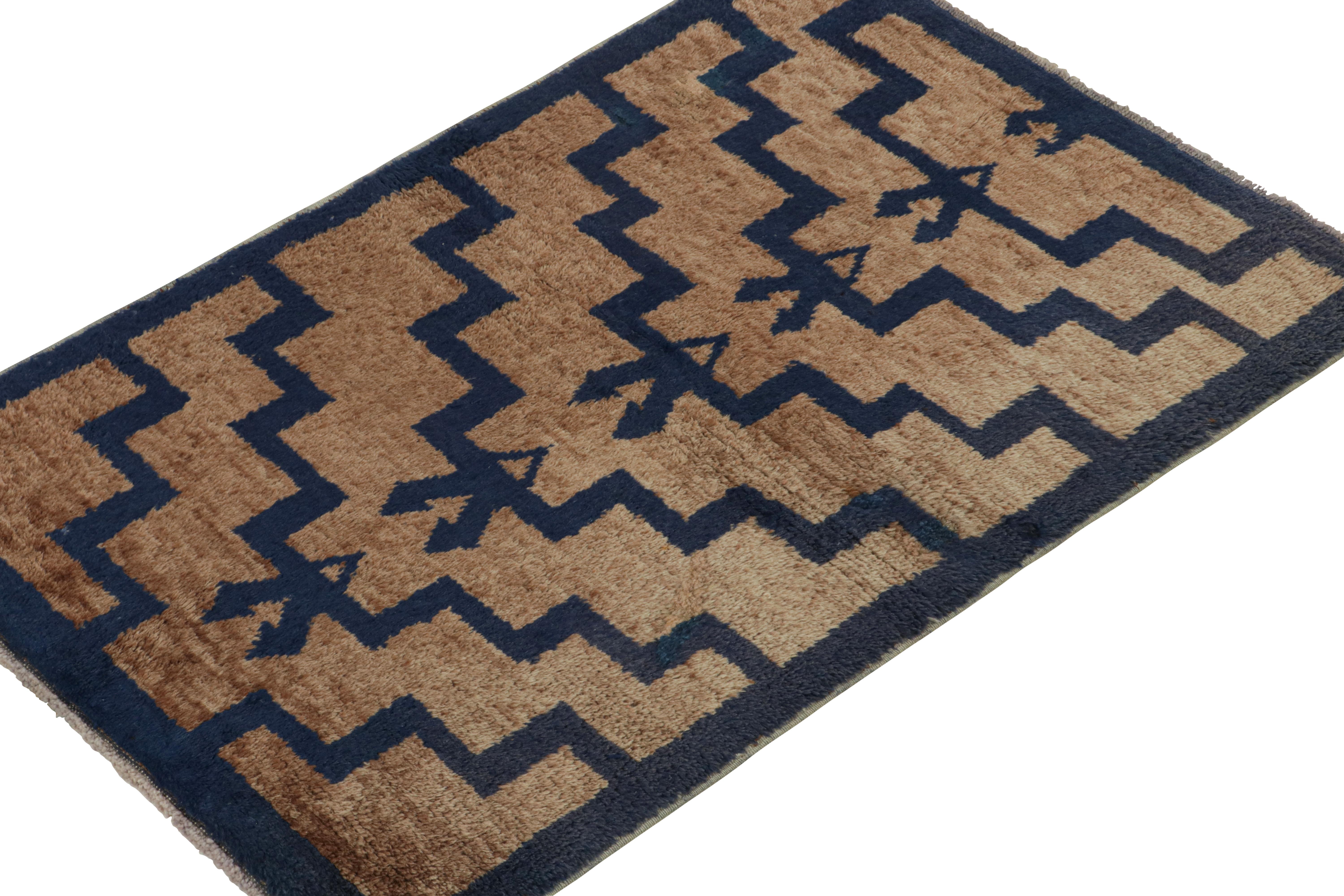 Tribal Vintage Tulu Shag Rug in Brown and Navy Blue Geometric Pattern by Rug & Kilim For Sale