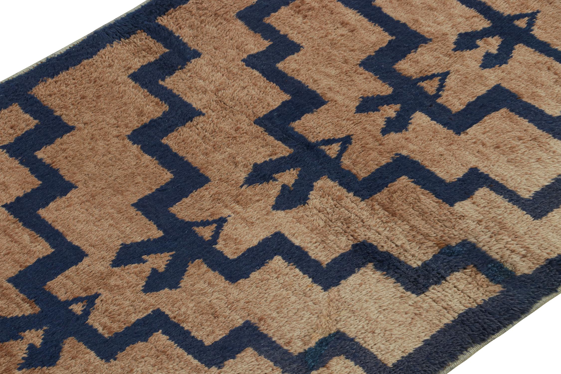 Turkish Vintage Tulu Shag Rug in Brown and Navy Blue Geometric Pattern by Rug & Kilim For Sale