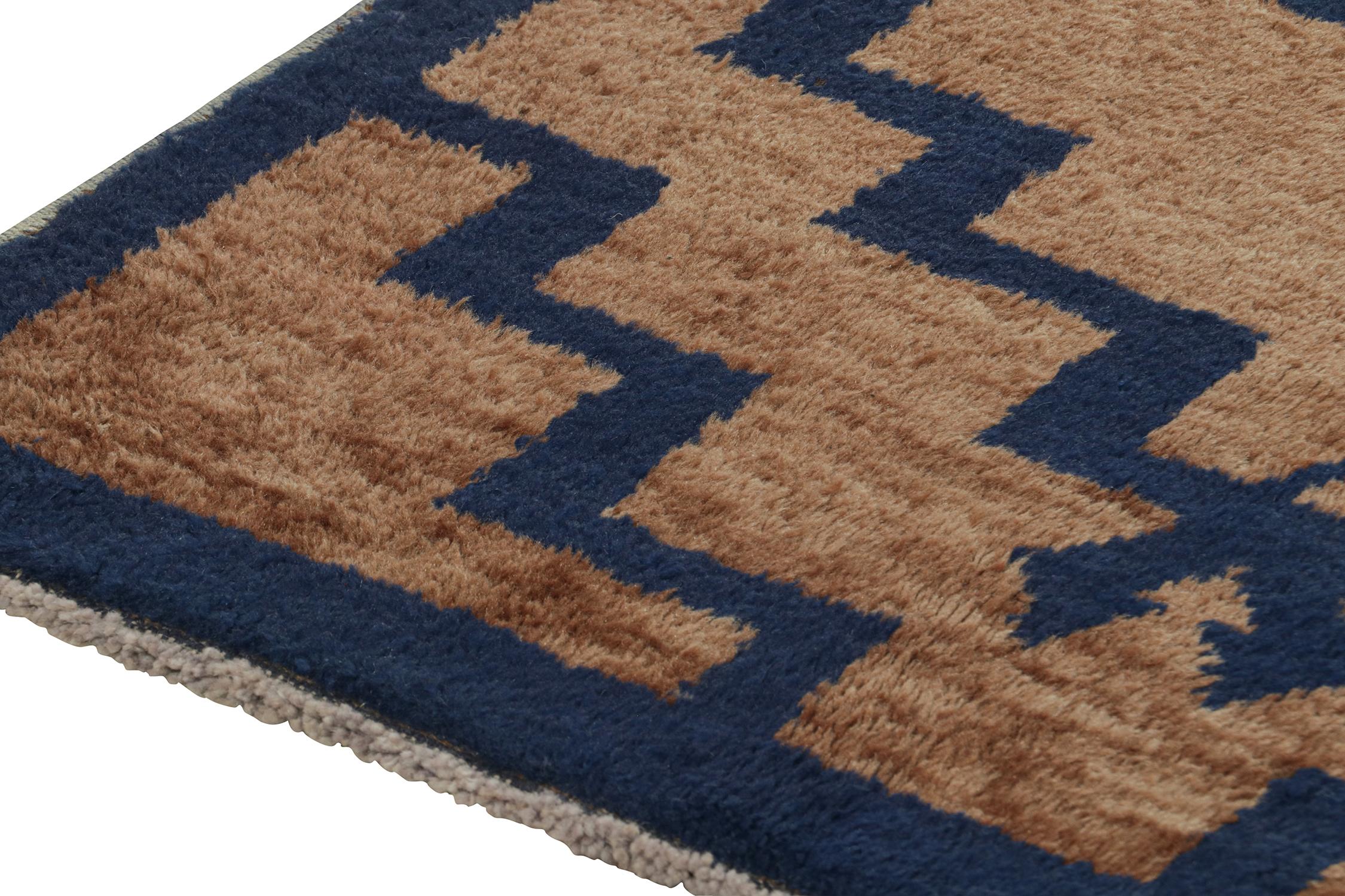 Hand-Knotted Vintage Tulu Shag Rug in Brown and Navy Blue Geometric Pattern by Rug & Kilim For Sale