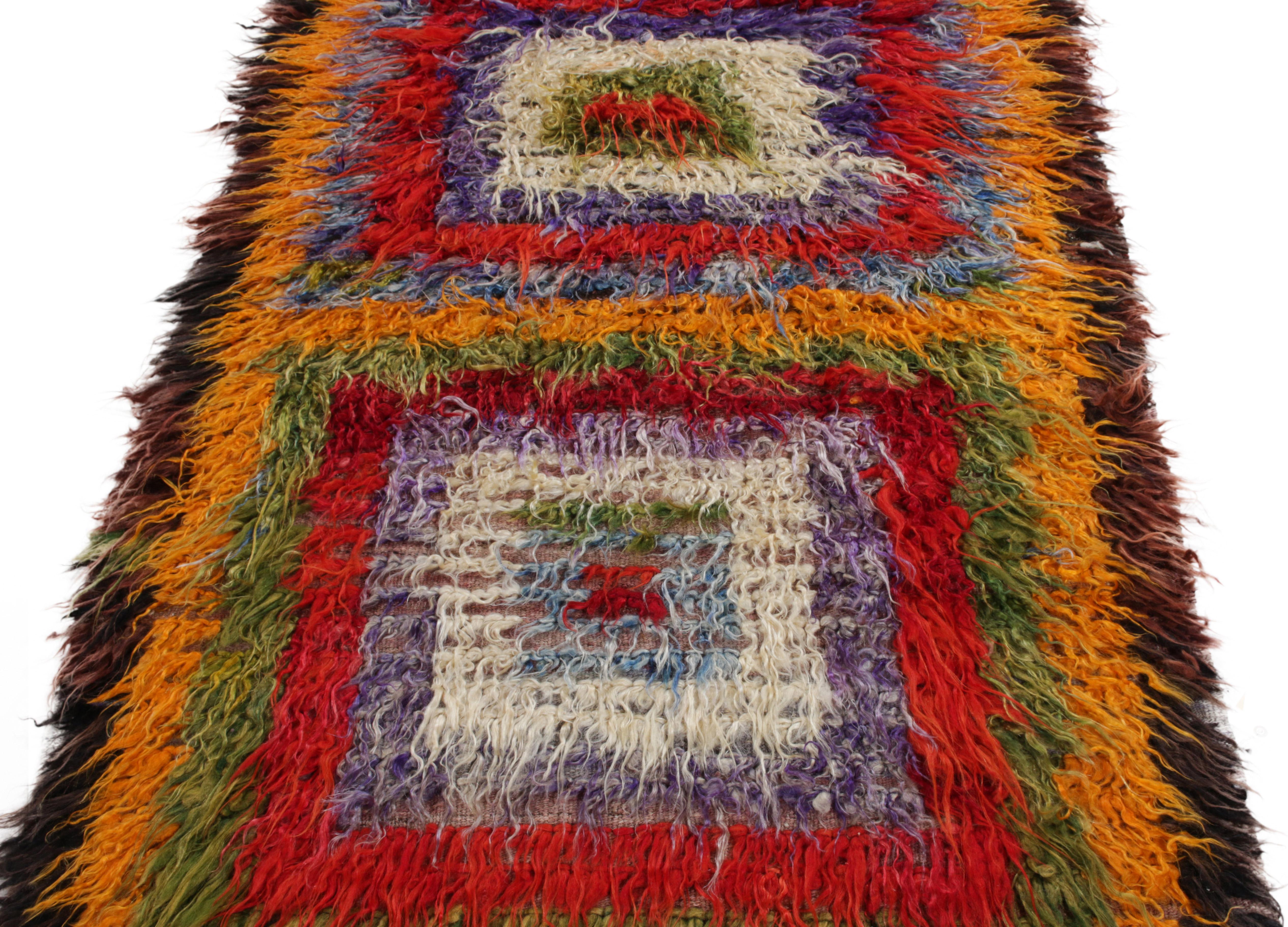 Hand-Knotted Vintage Tulu Shag Rug in Multicolor Geometric Pattern by Rug & Kilim For Sale