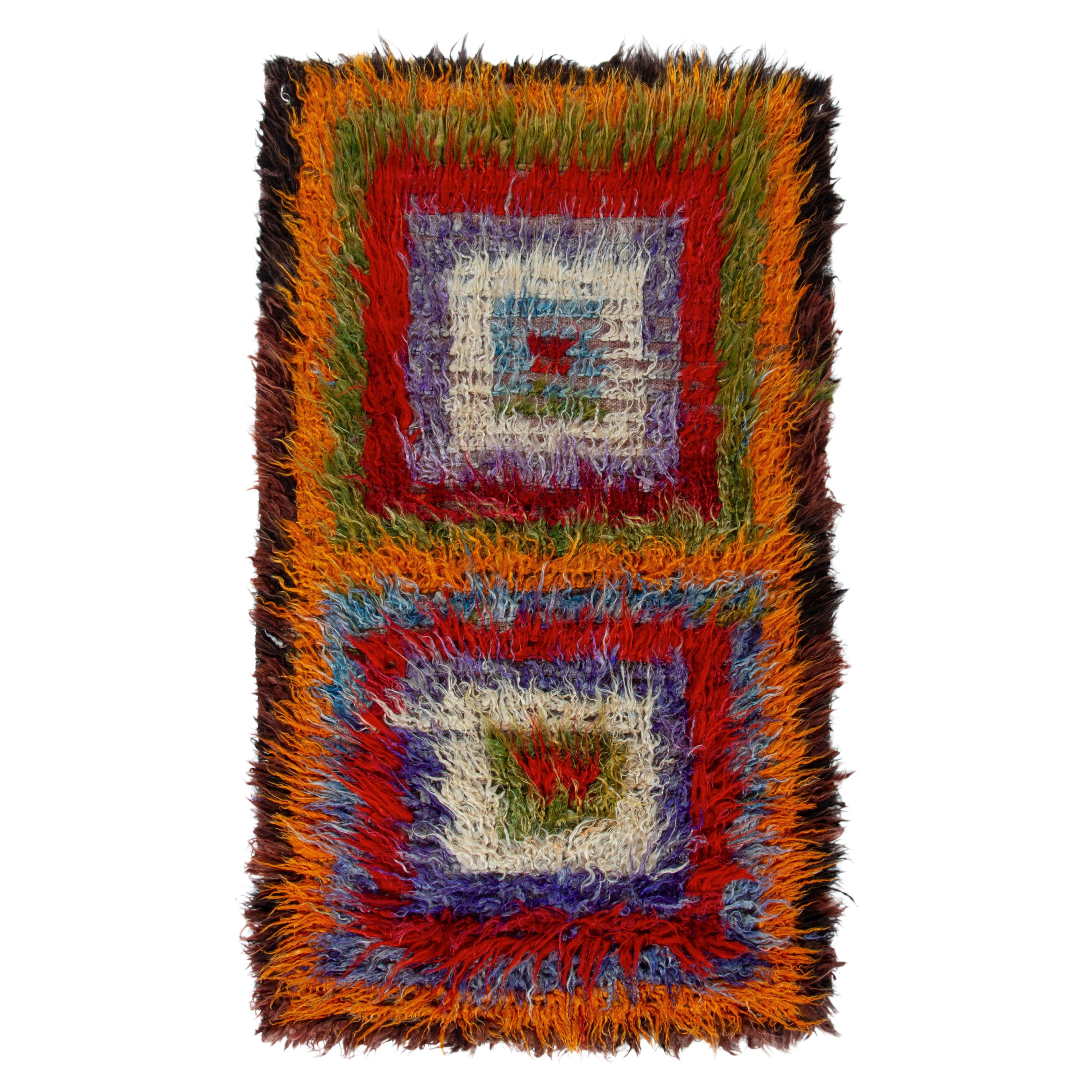 Vintage Tulu Shag Rug in Multicolor Geometric Pattern by Rug & Kilim
