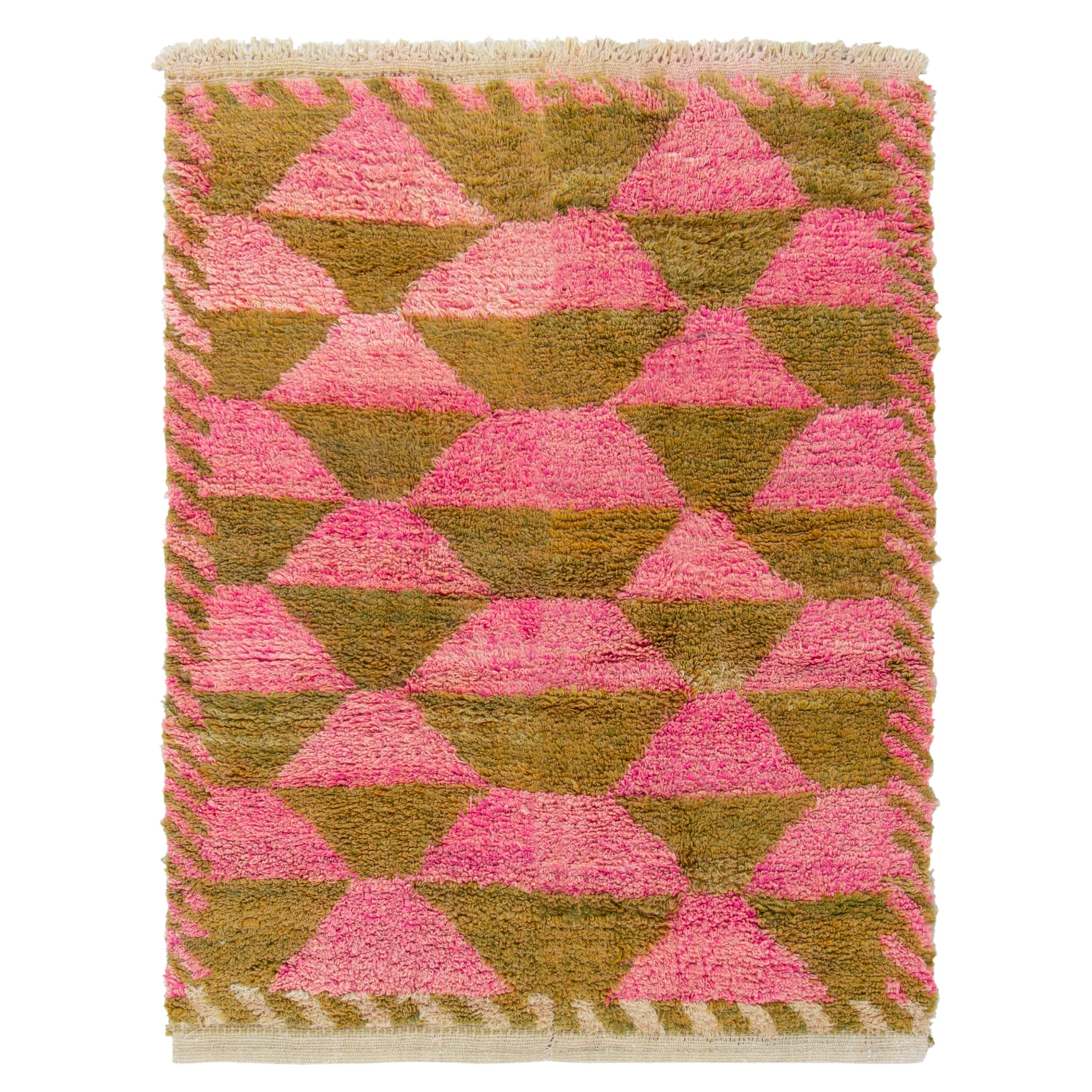 Vintage Tulu Shag Rug in Mustard & Pink Geometric Pattern by Rug & Kilim For Sale