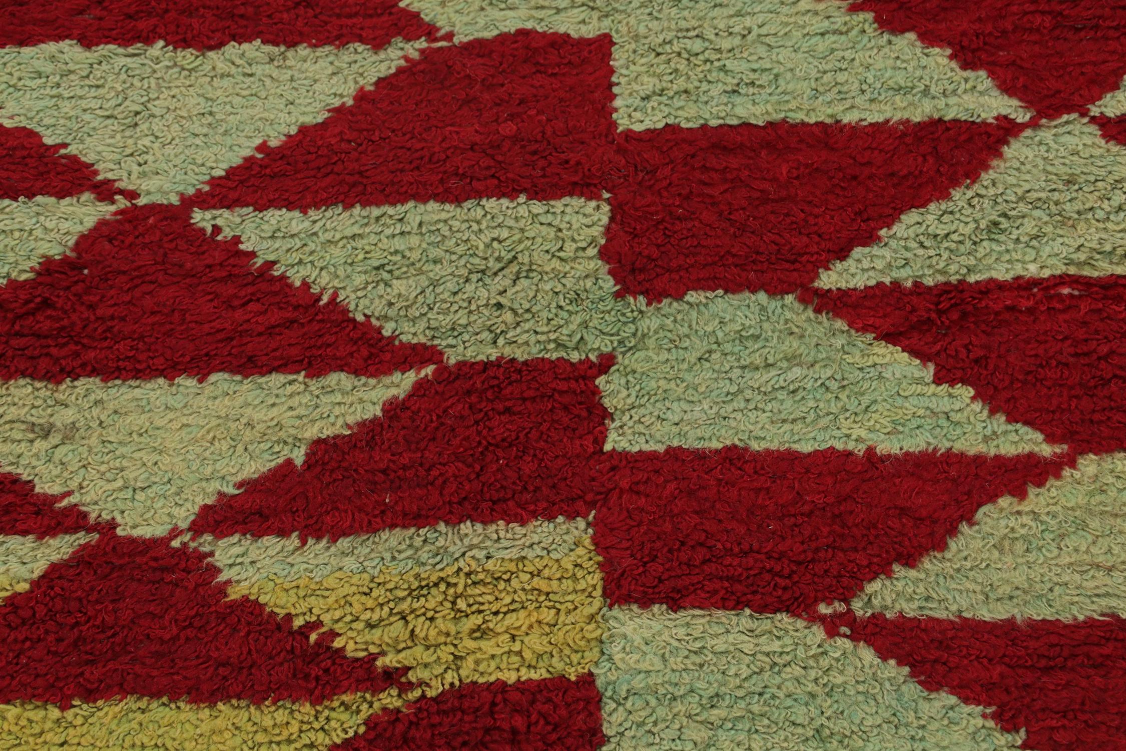 Vintage Tulu Shag Rug in Red and Light Green Geometric Pattern In Good Condition For Sale In Long Island City, NY