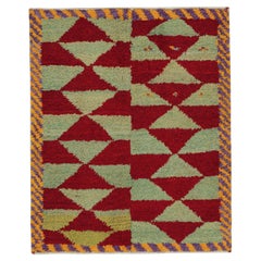 Vintage Tulu Shag Teppich in Rot und Hellgrün Geometrisch gemustert