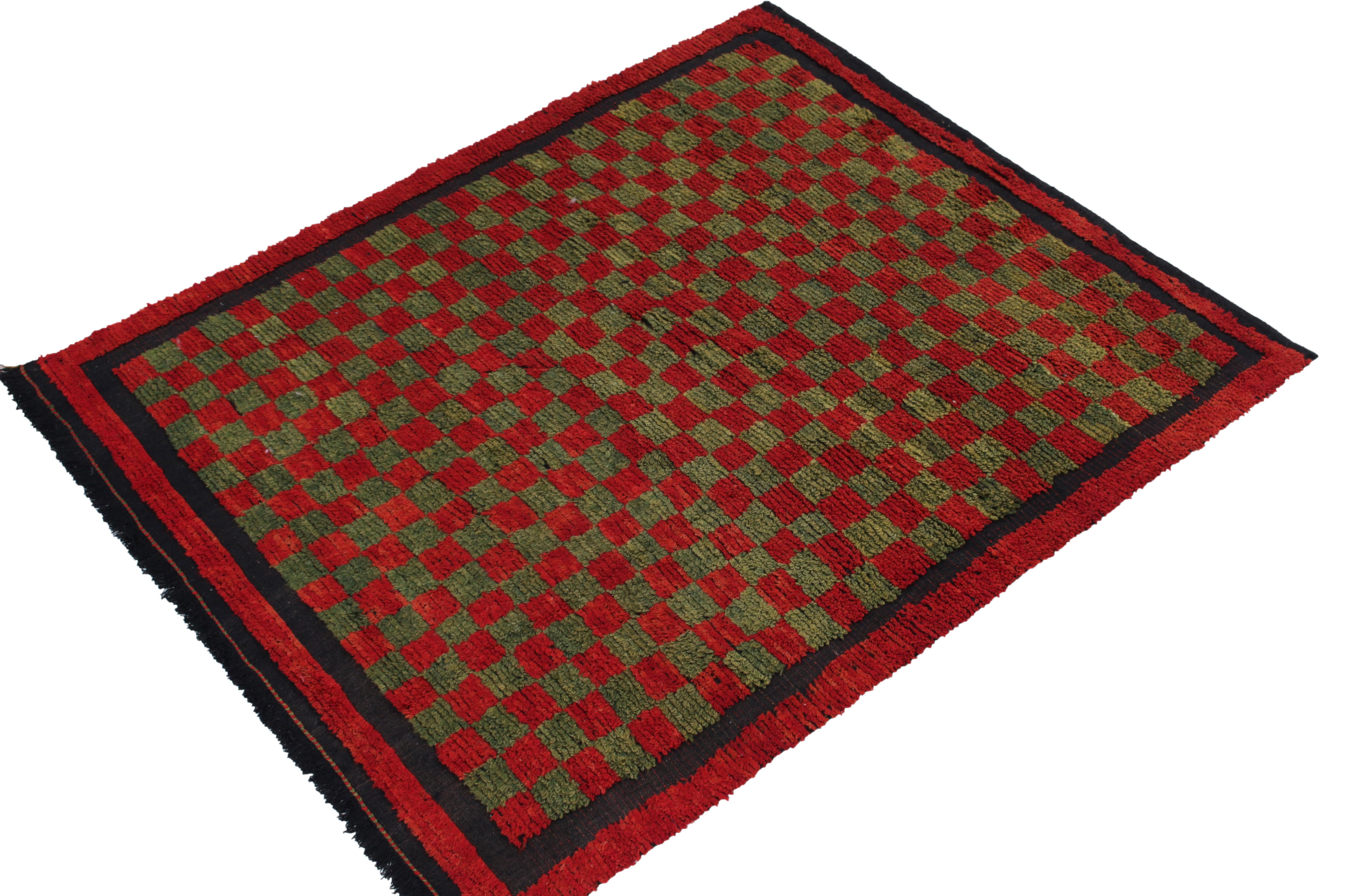 Turkish Vintage Tulu Shag Rug in Red, Green Chessboard Geometric Pattern by Rug & Kilim For Sale