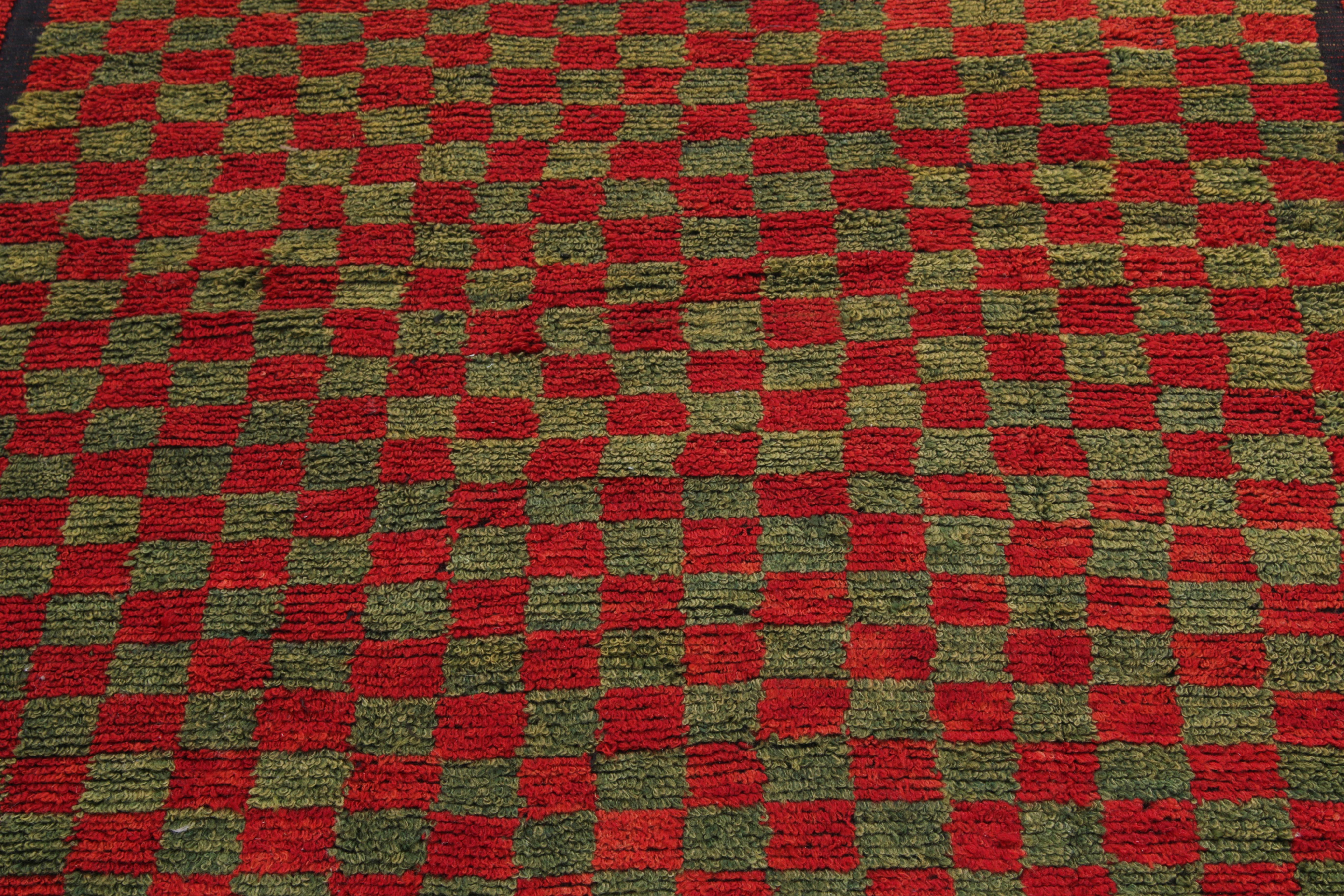 Hand-Knotted Vintage Tulu Shag Rug in Red, Green Chessboard Geometric Pattern by Rug & Kilim For Sale