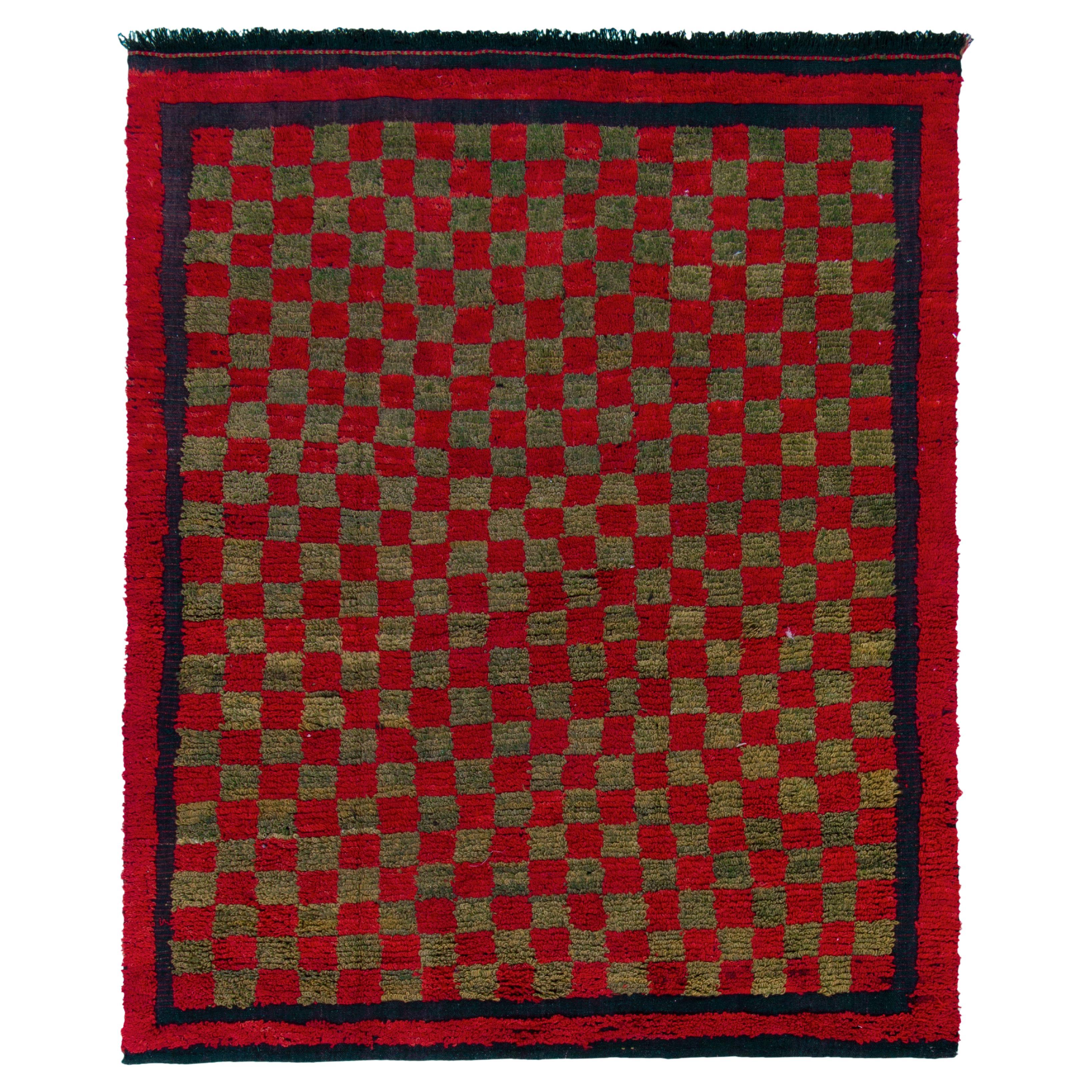 Vintage Tulu Shag Rug in Red, Green Chessboard Geometric Pattern by Rug & Kilim